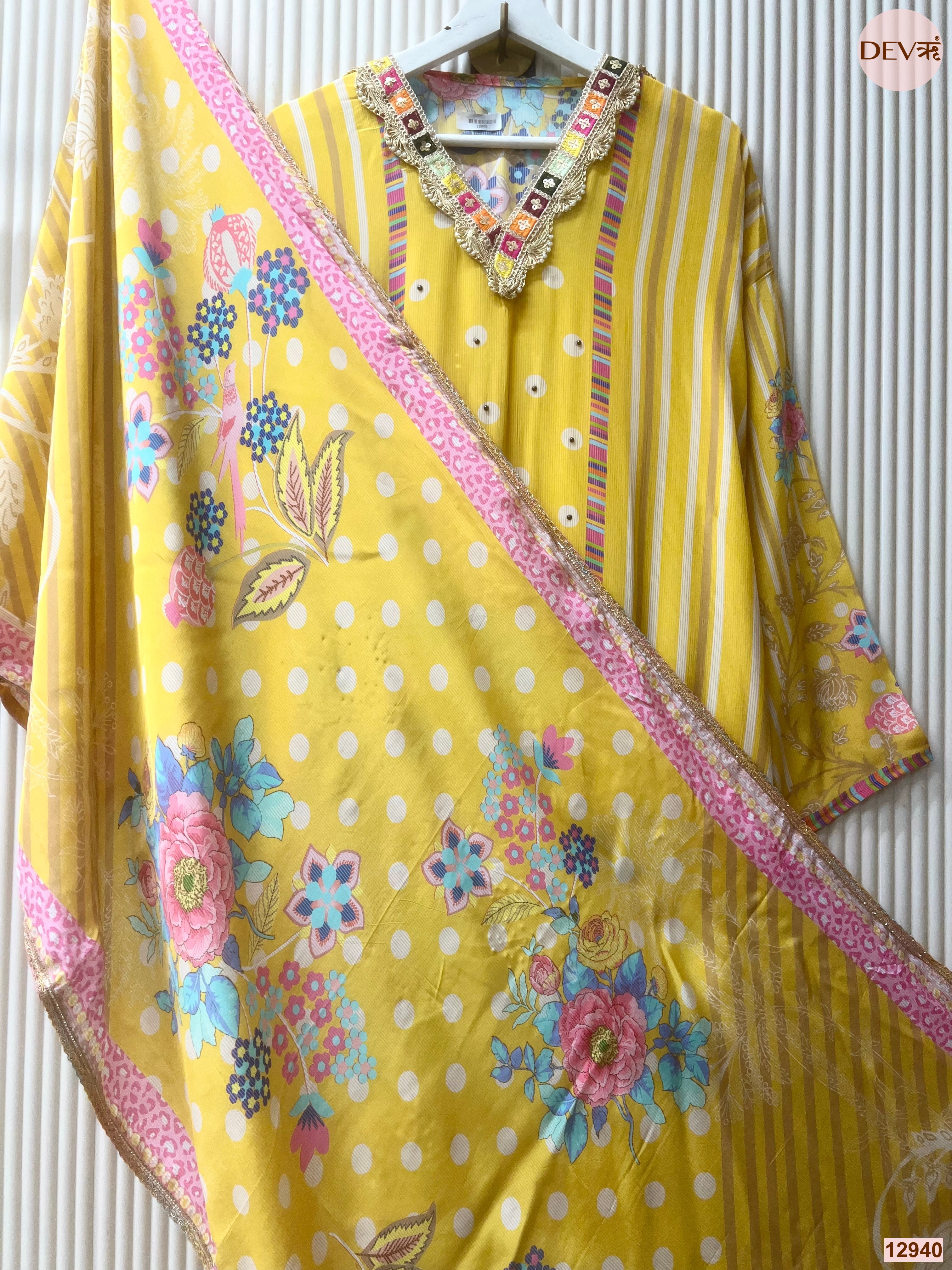 Yellow Natural Crape Printed Unstitched 3-Piece Suit (Devri – D.No 12940)
