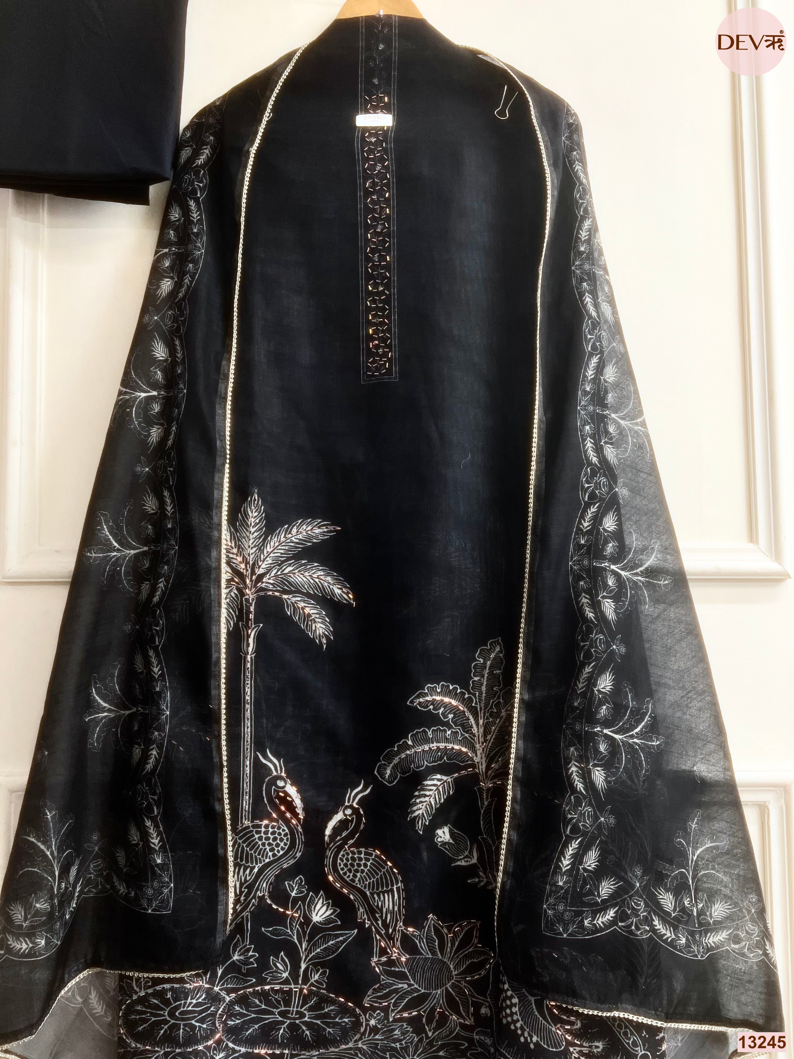Black Linen Cotton Printed Unstitched 3-Piece Suit (Devri – D.No 13245)