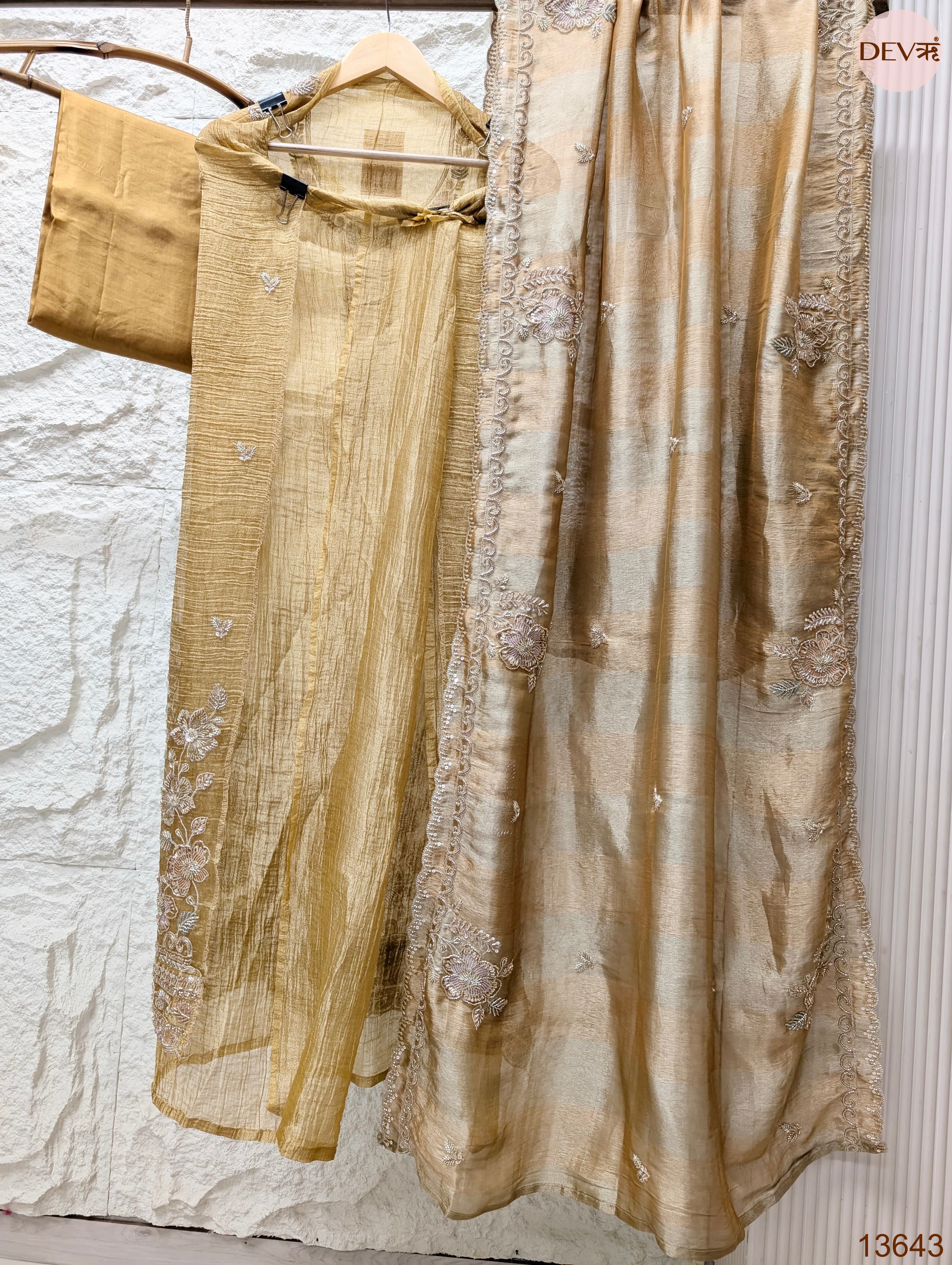 Mustard Tissue Crush Silk Embroidered Unstitched 3-Piece Suit (Devri – D.No 13643)