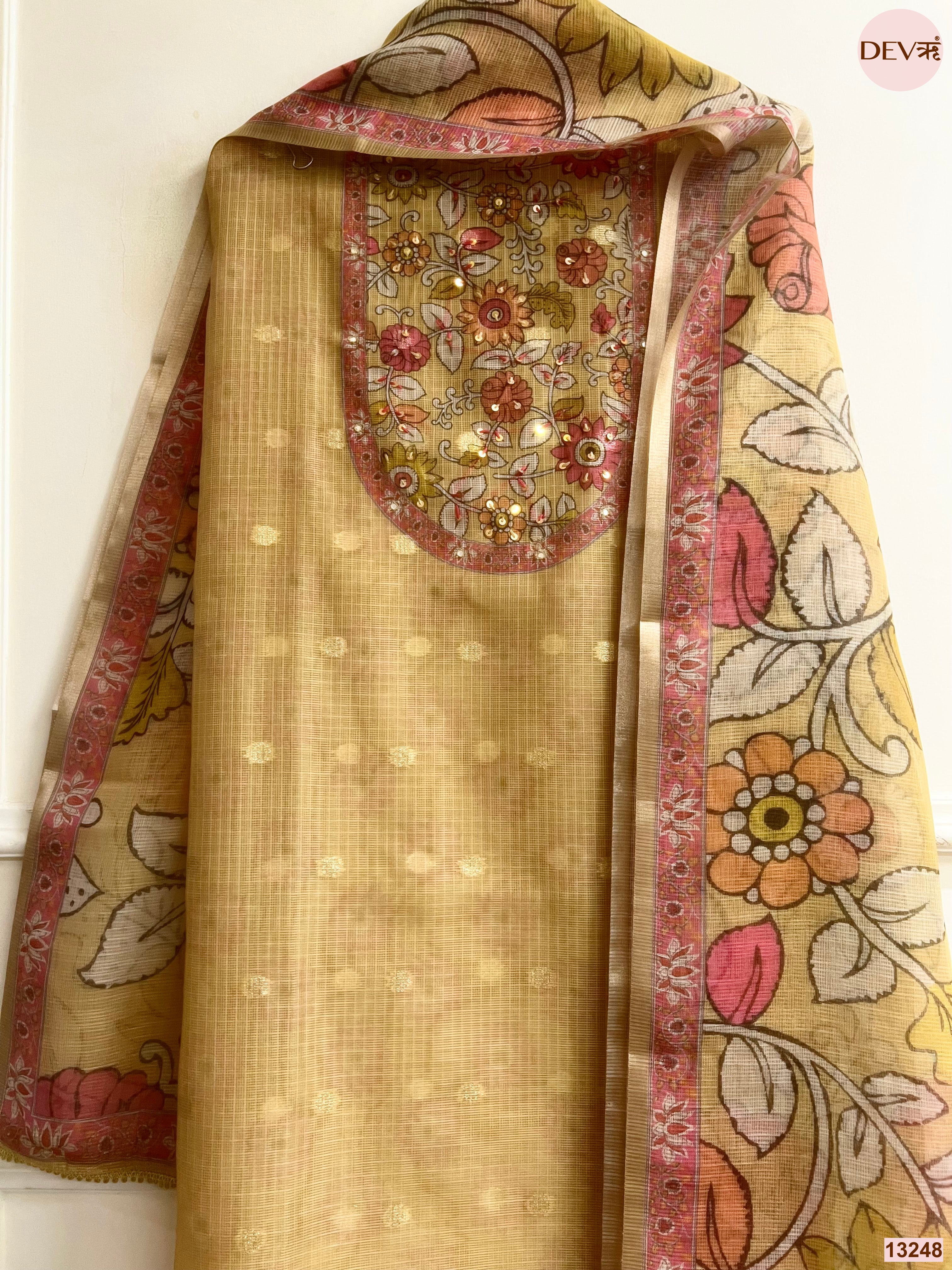 Beige Kota Printed Unstitched 3-Piece Suit (Devri – D.No 13248)