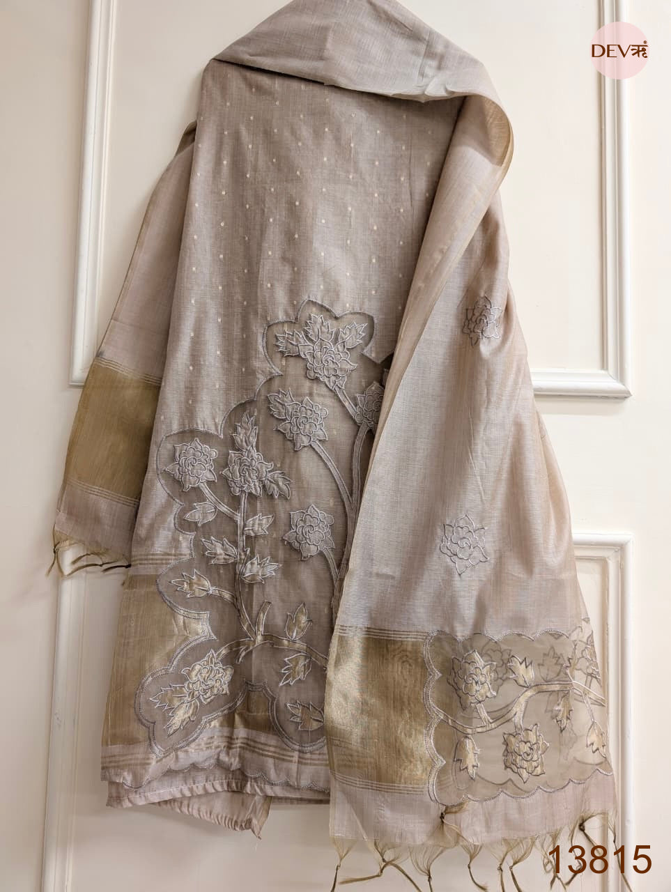 Taupe Mul Chanderi Embroidered Unstitched 3-Piece Suit (Devri – D.No 13815)
