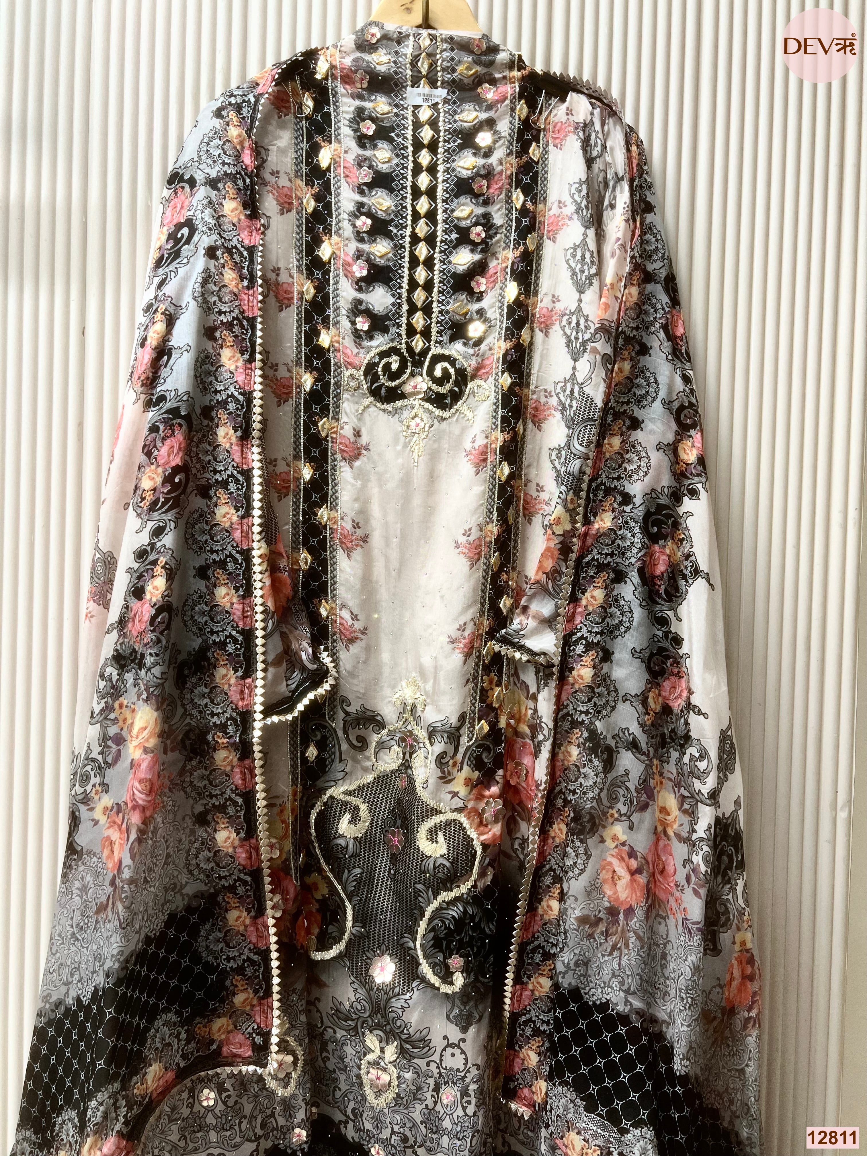 Grey Glass Organza Silk Printed Unstitched 3-Piece Suit (Devri – D.No 12811)