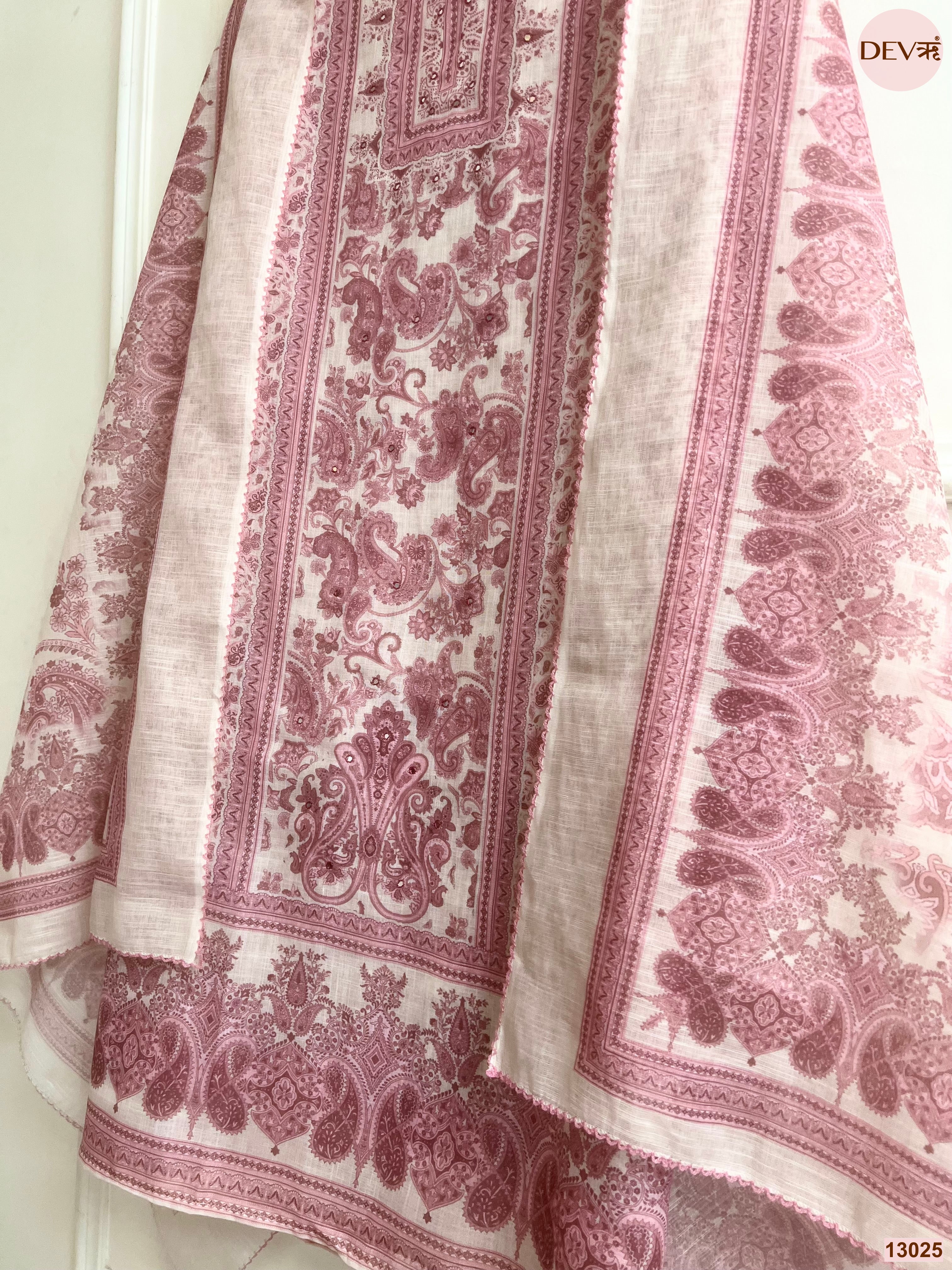 Pink Linen Printed Unstitched 3-Piece Suit (Devri – D.No 13025)
