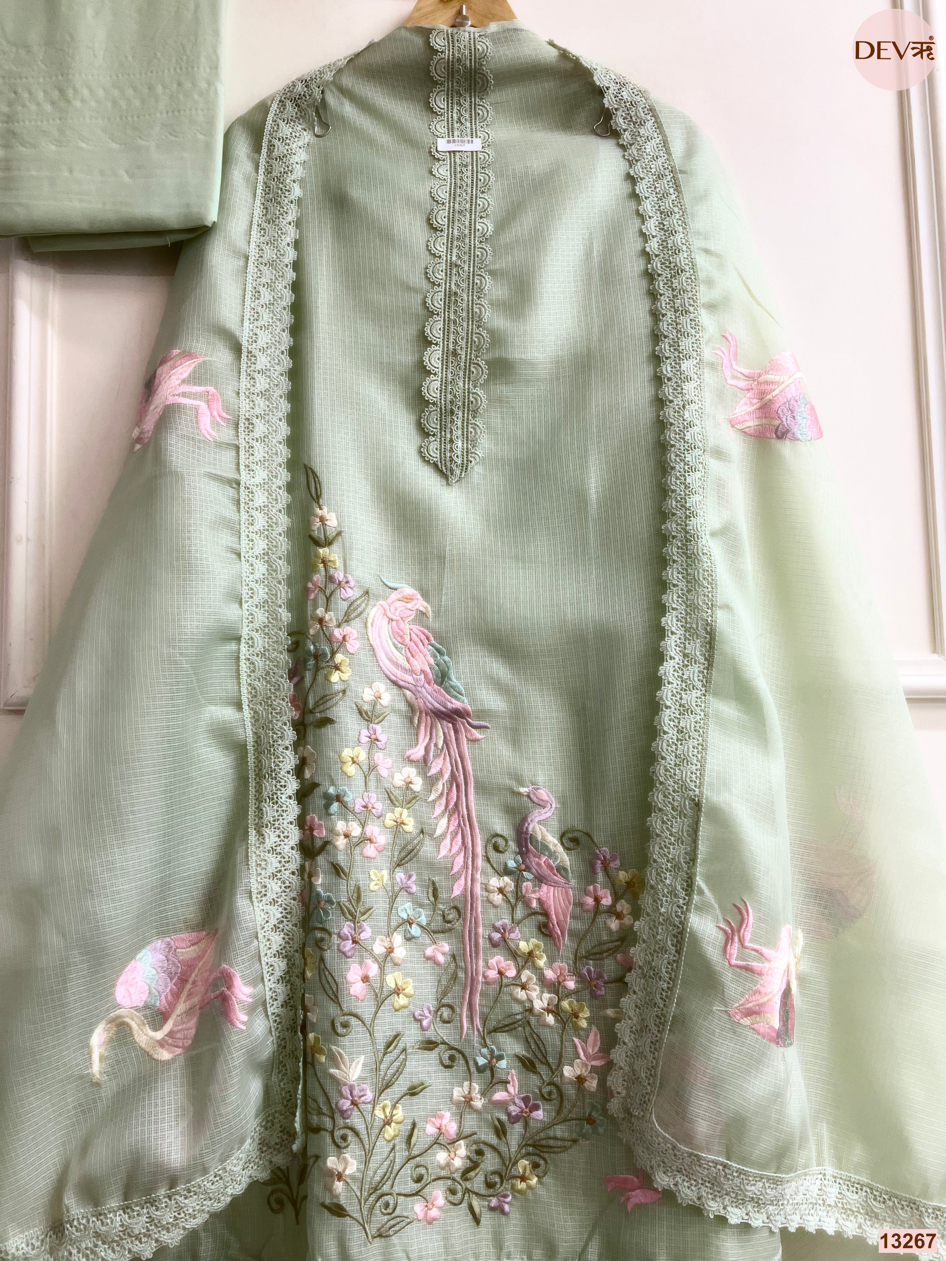 Sage Green Kota Cotton Embroidered Unstitched 3-Piece Suit (Devri – D.No 13267)