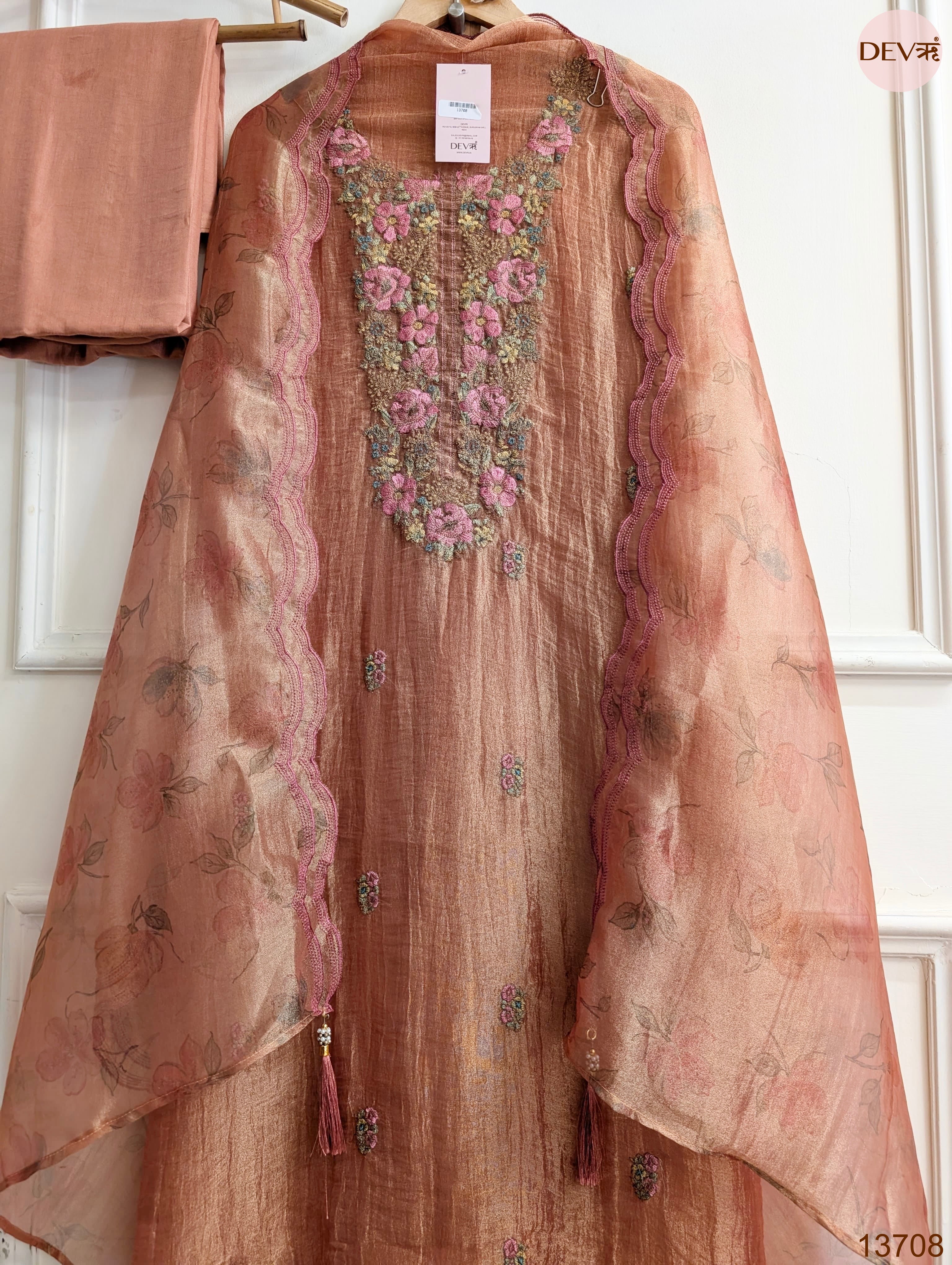 Peach Crush Tissue Silk Embroidered Unstitched 3-Piece Suit (Devri – D.No 13708)