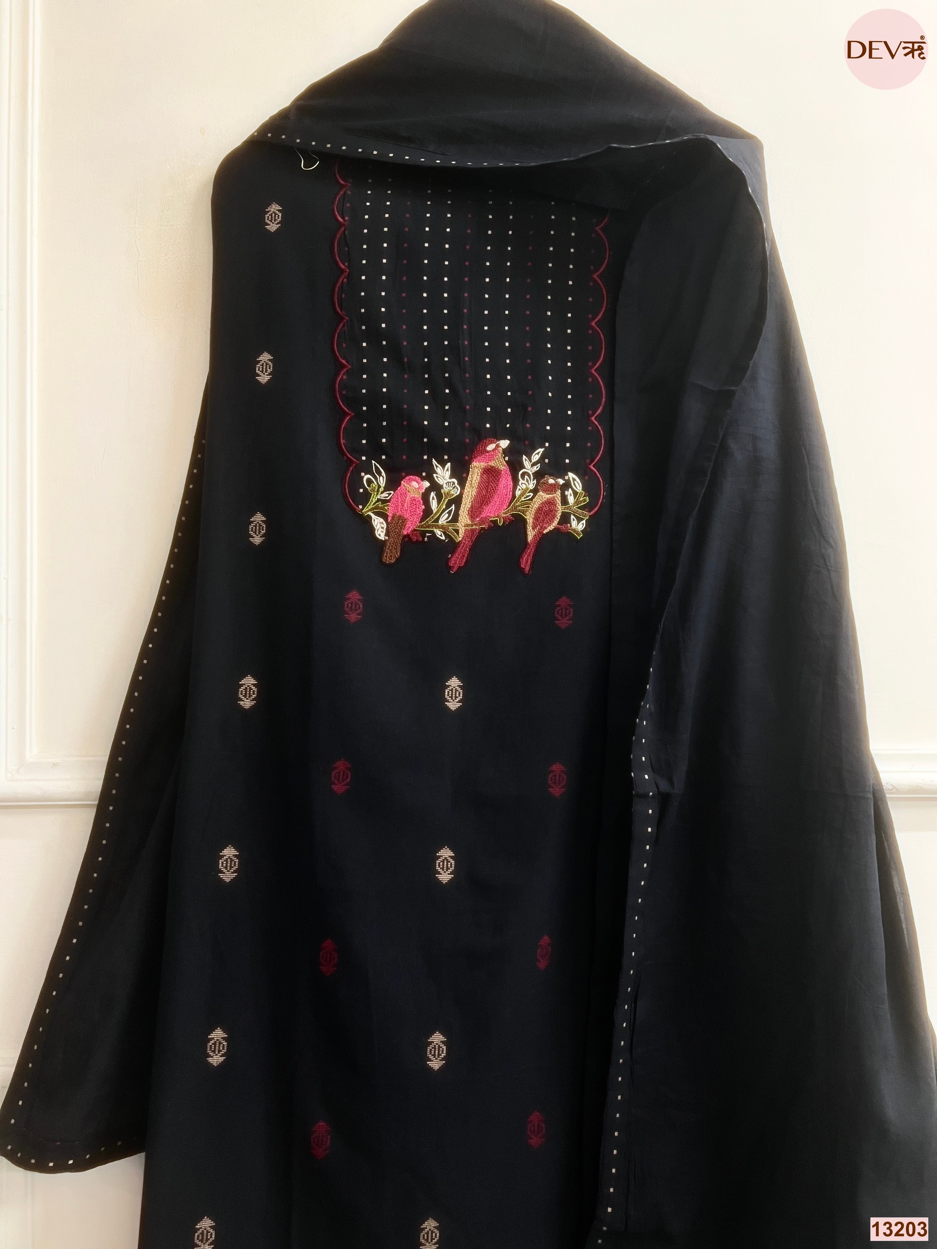 Black Handloom Cotton Embroidered Unstitched 3-Piece Suit (Devri – D.No 13203)