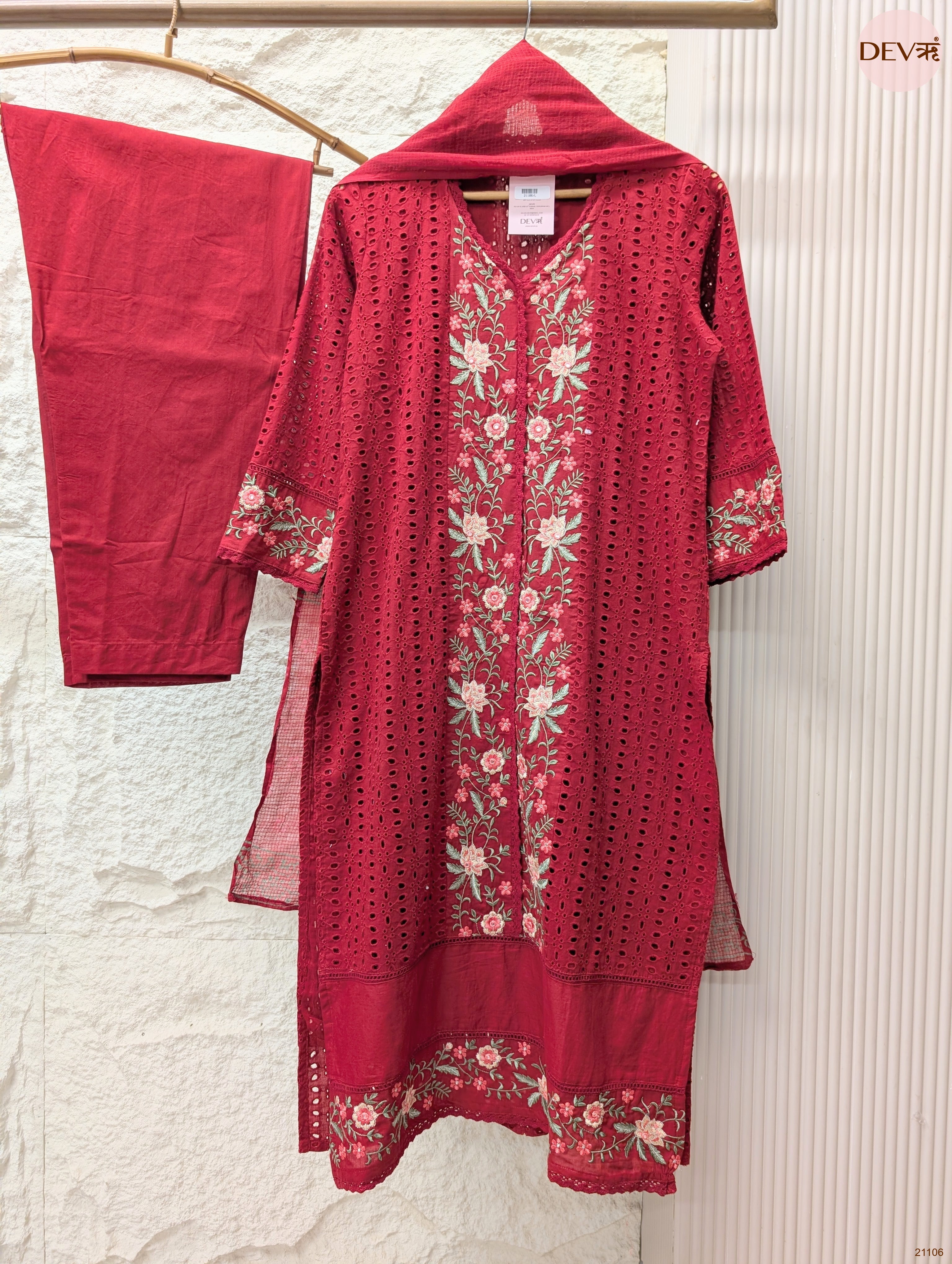 Gulnaar Pure cotton Embroidered Maroon 3-Piece Set (Devri – D.No 21106)