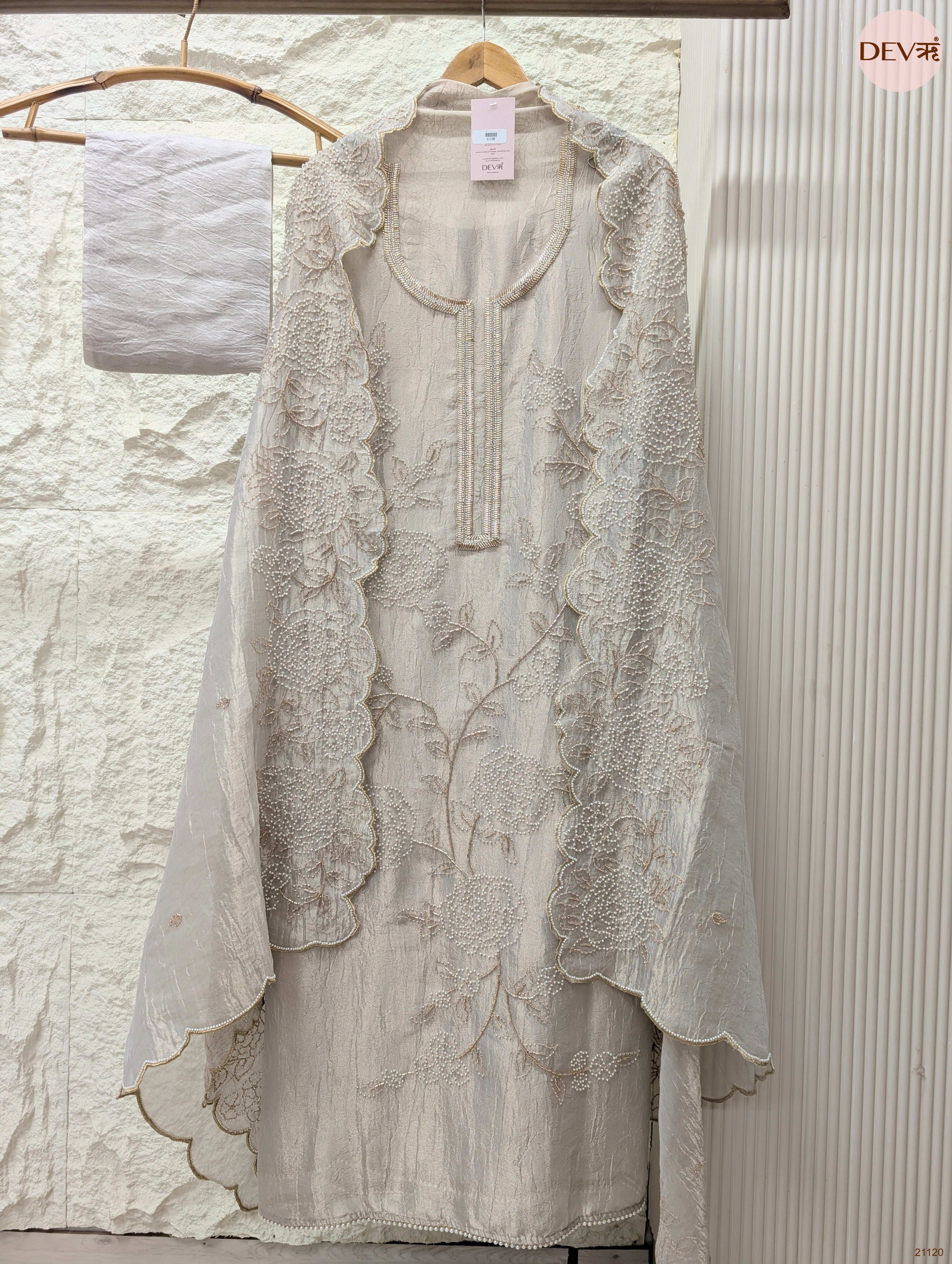 Grey Pure Tissue Crush Silk Embroidered Unstitched 3-Piece Suit (Devri – D.No 21120)