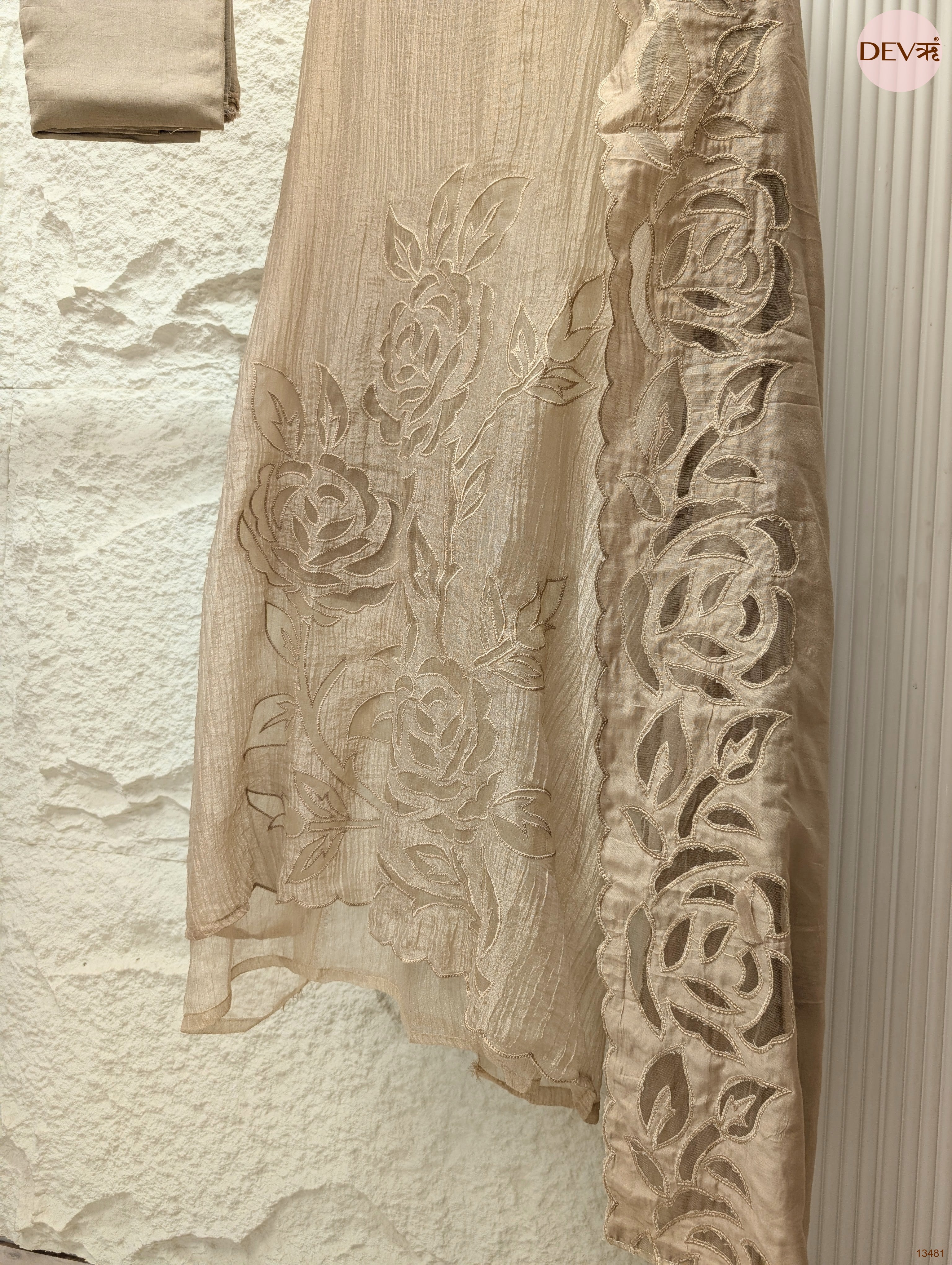 Beige Tissue Crush Silk Embroidered Unstitched 3-Piece Suit (Devri – D.No 13481)