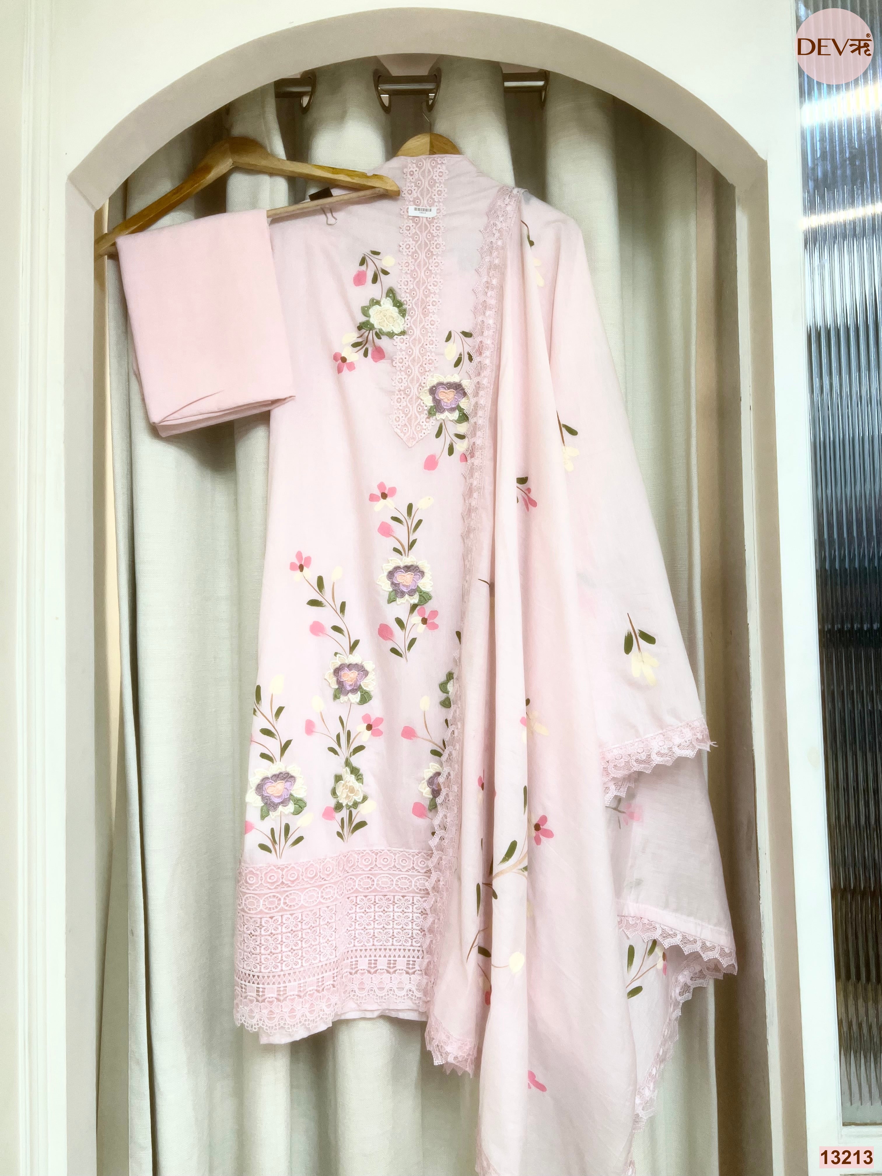 Pink Mul Chanderi Embroidered Unstitched 3-Piece Suit (Devri – D.No 13213)