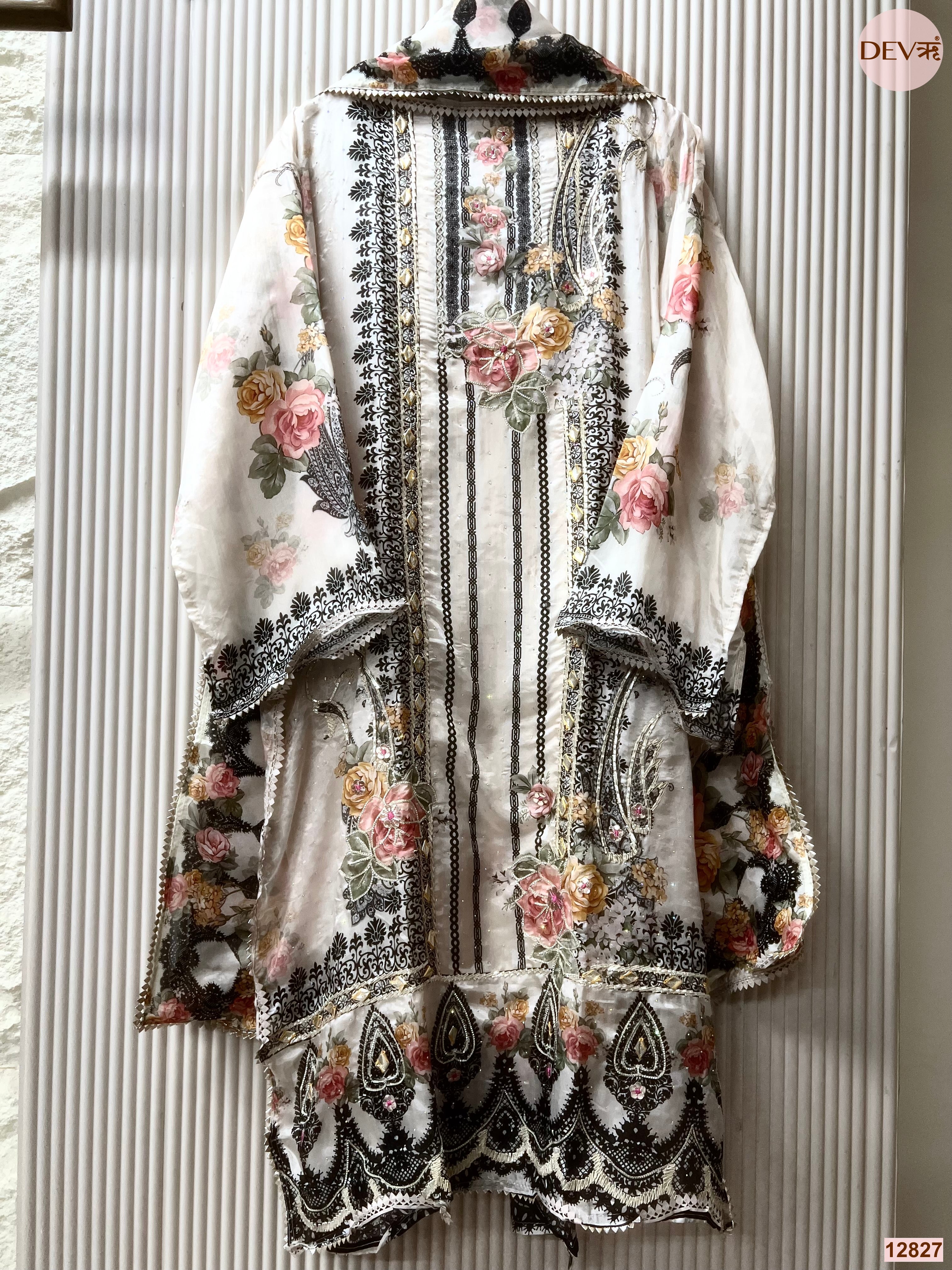 White Glass Organza Silk Printed Unstitched 3-Piece Suit (Devri – D.No 12827)