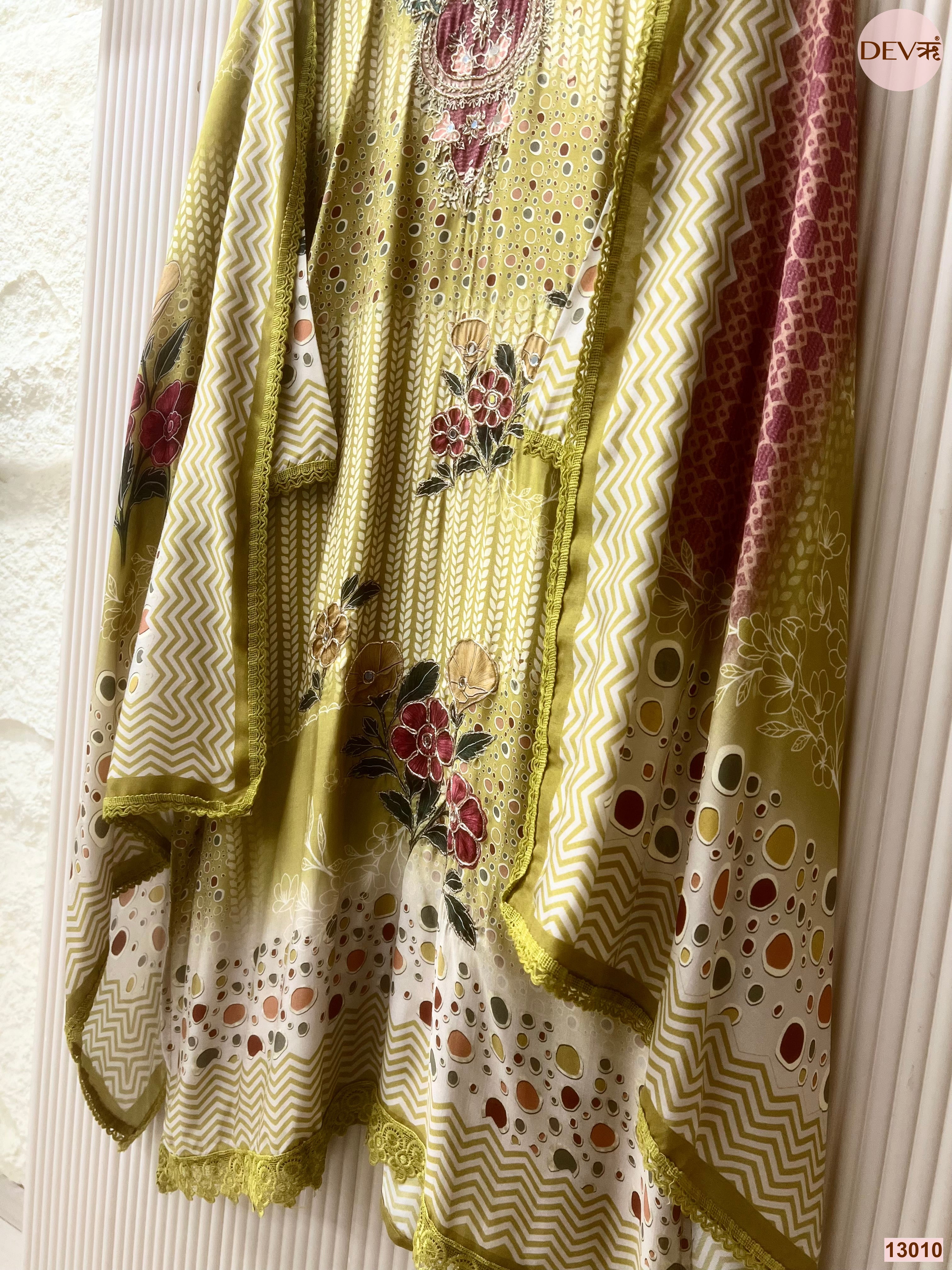 Olive Muslin Printed Unstitched 3-Piece Suit (Devri – D.No 13010)