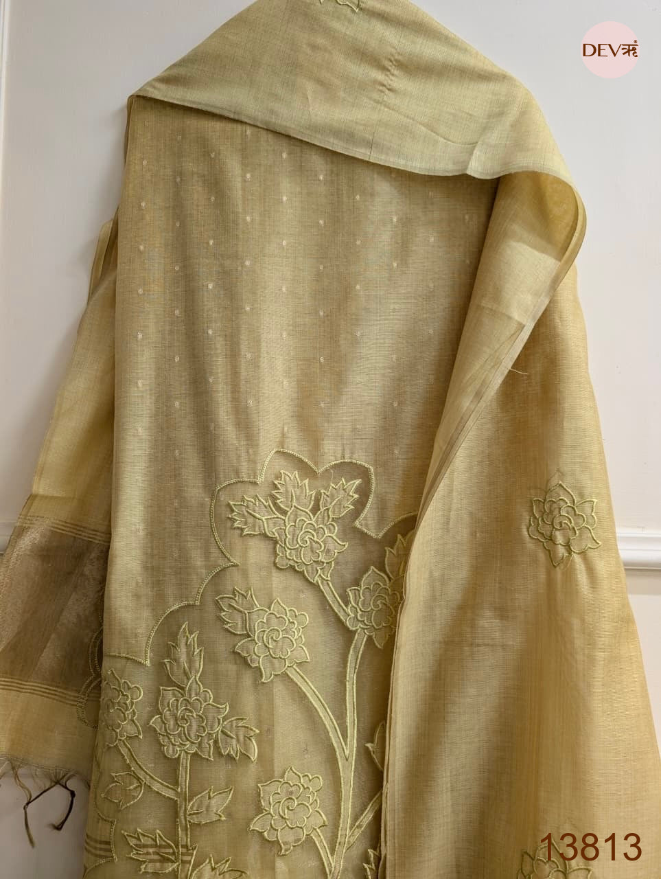 Beige Mul Chanderi Embroidered Unstitched 3-Piece Suit (Devri – D.No 13813)