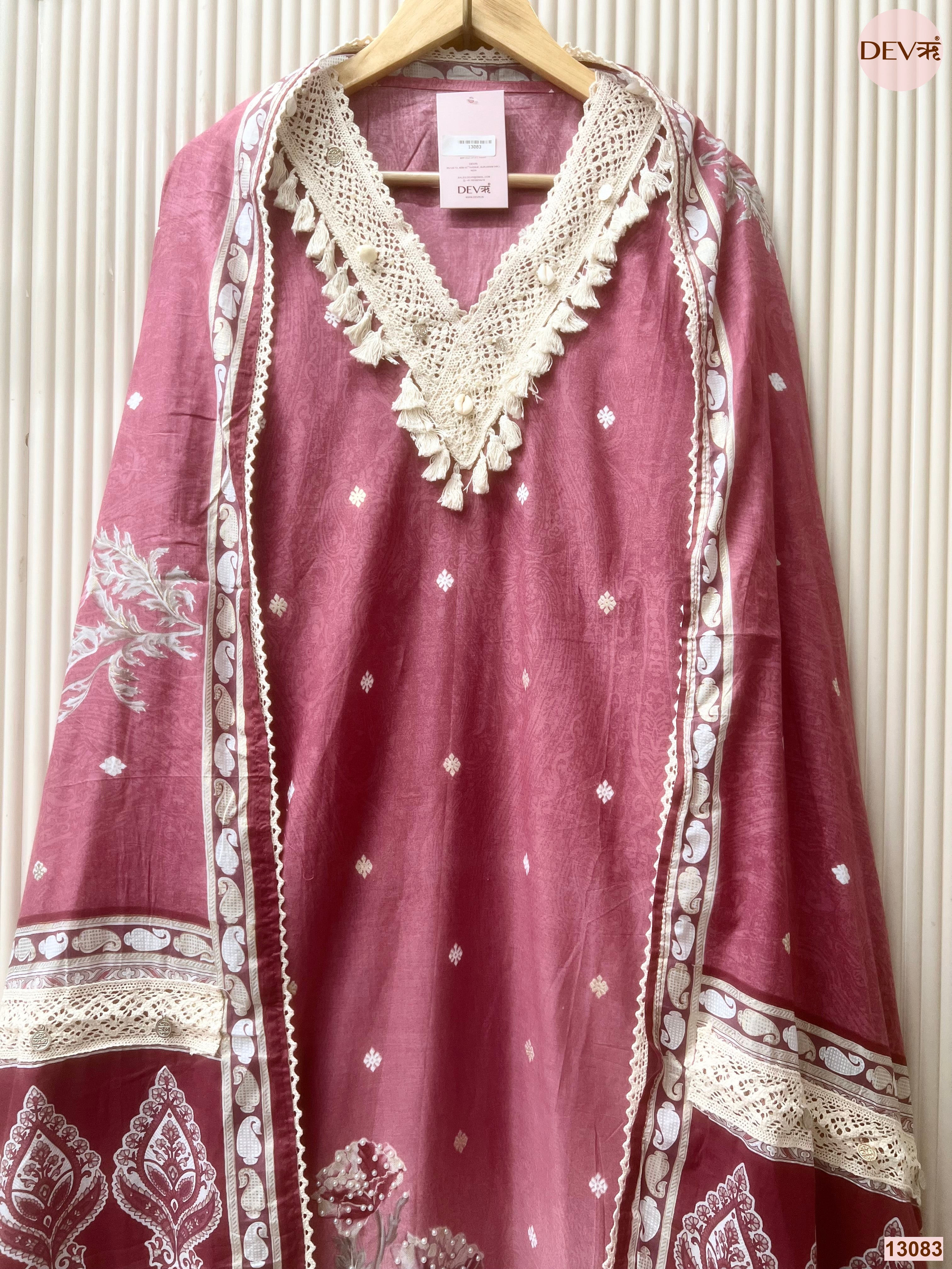 Pink Cotton Printed Unstitched 3-Piece Suit (Devri – D.No 13083)