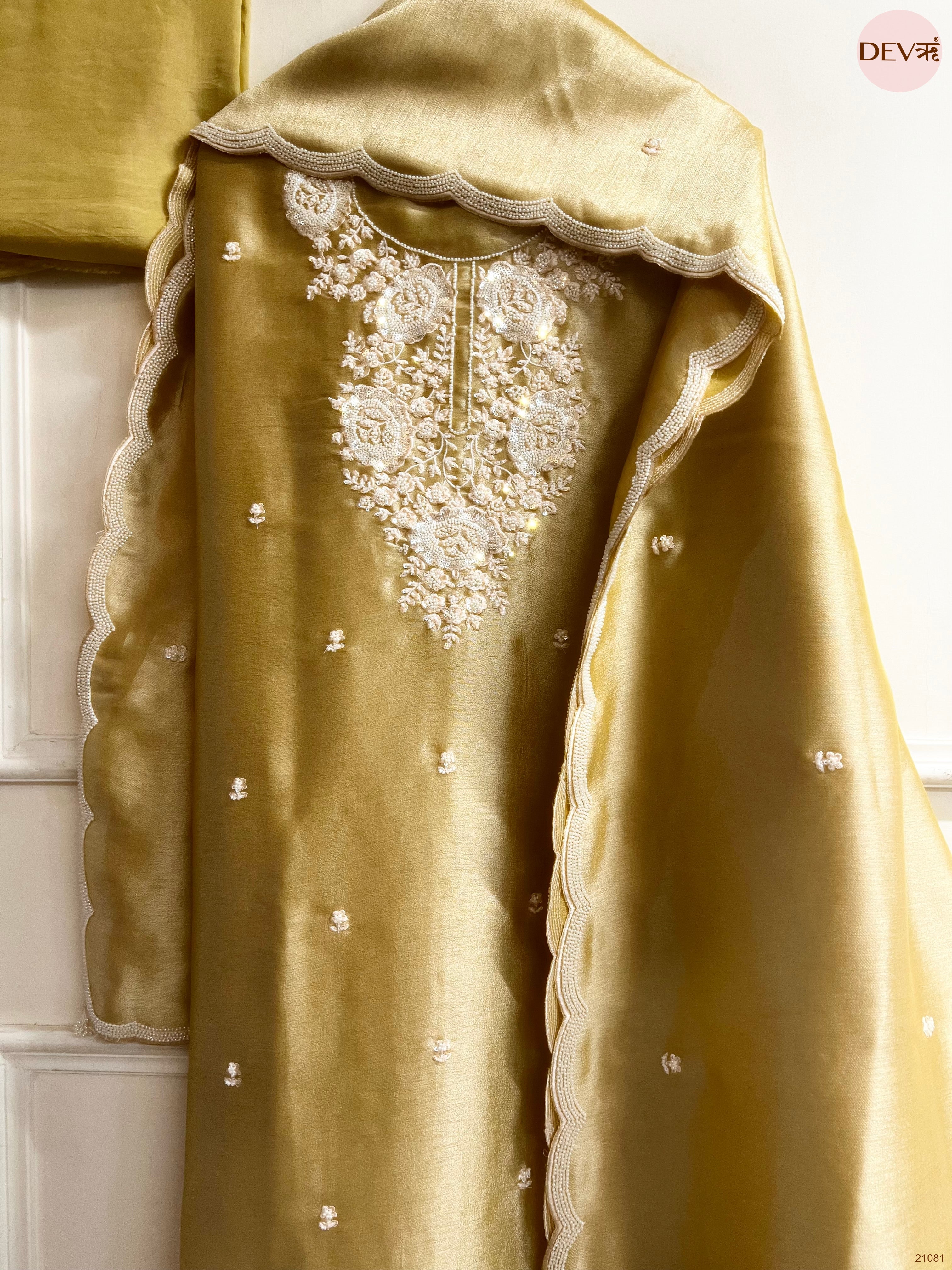 Olive Pure Tissue Giraffe Silk Embroidered Unstitched 3-Piece Suit (Devri – D.No 21081)