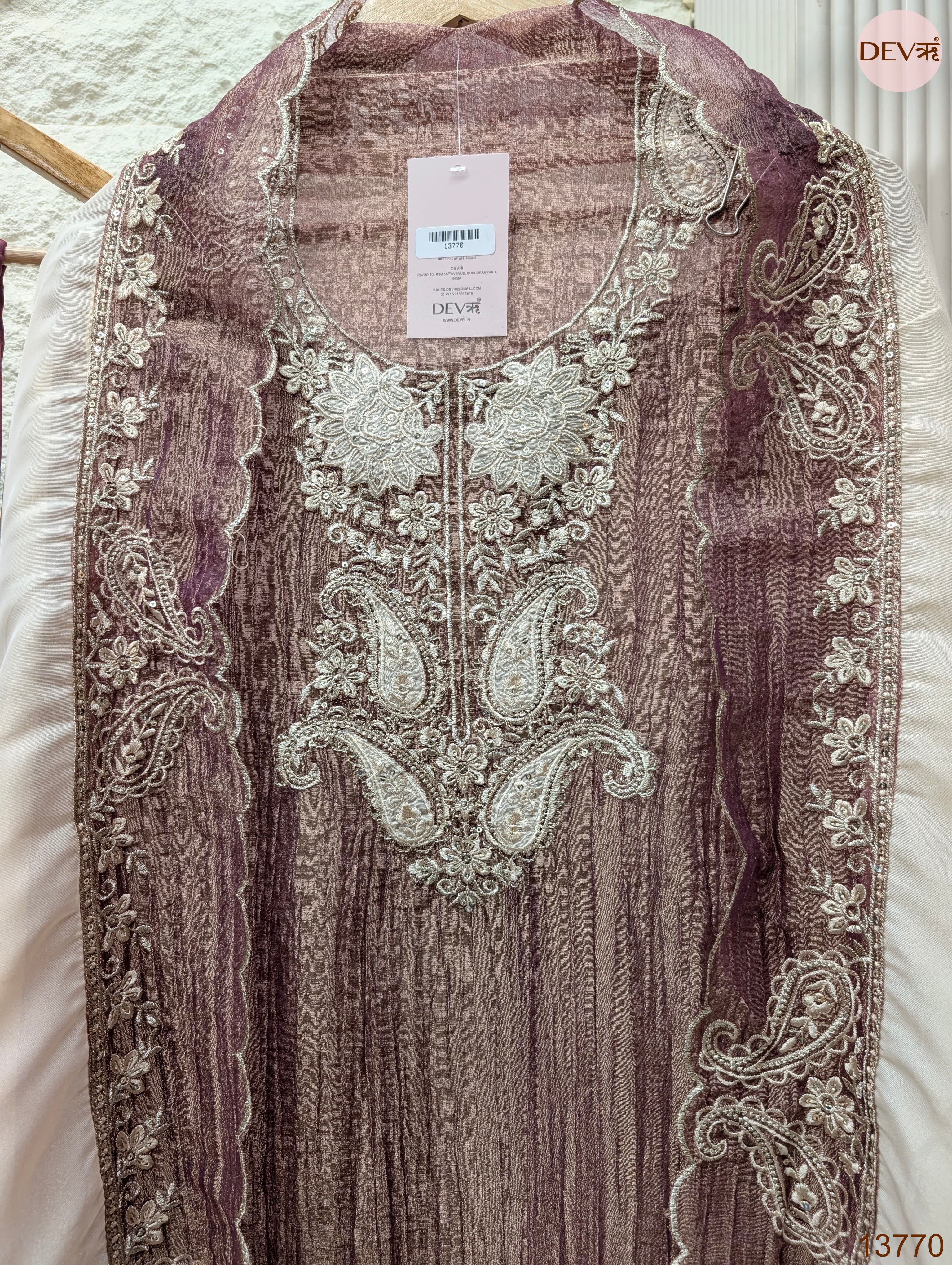 Mauve Pure Tissue Silk Embroidered Unstitched 3-Piece Suit (Devri – D.No 13770)