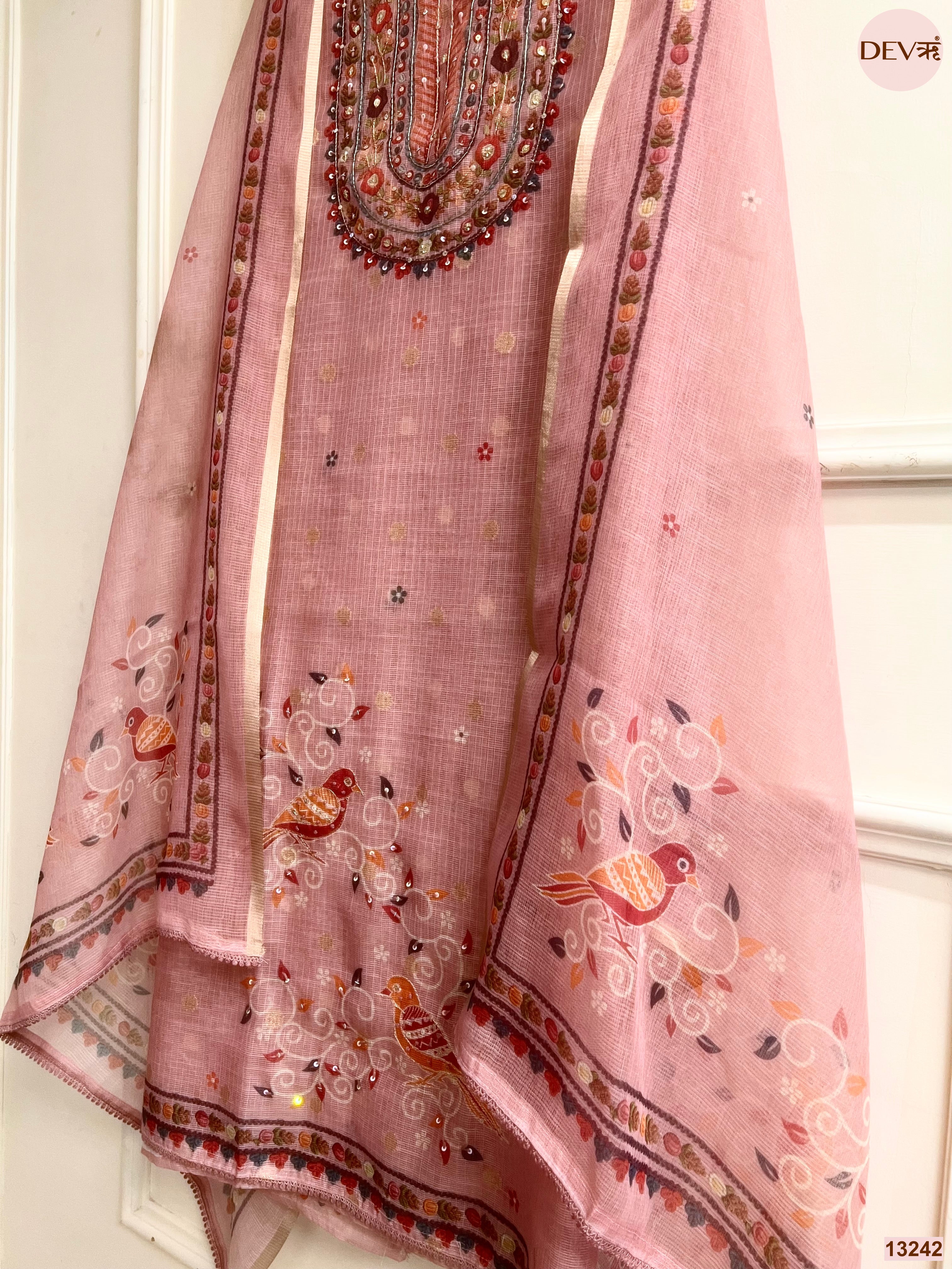 Pink Kota Printed Unstitched 3-Piece Suit (Devri – D.No 13242)