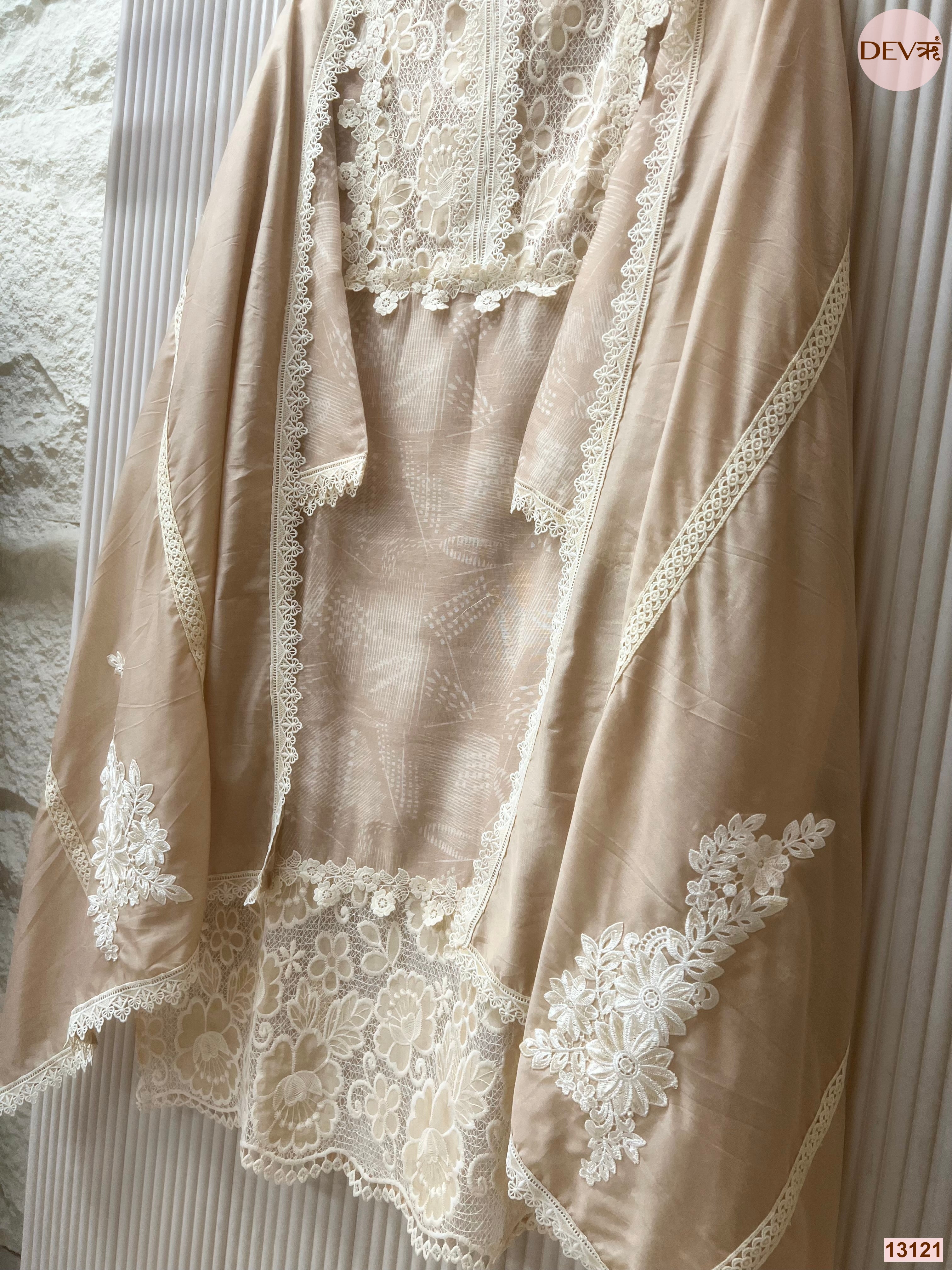 Beige Linen Embroidered Unstitched 3-Piece Suit (Devri – D.No 13121)
