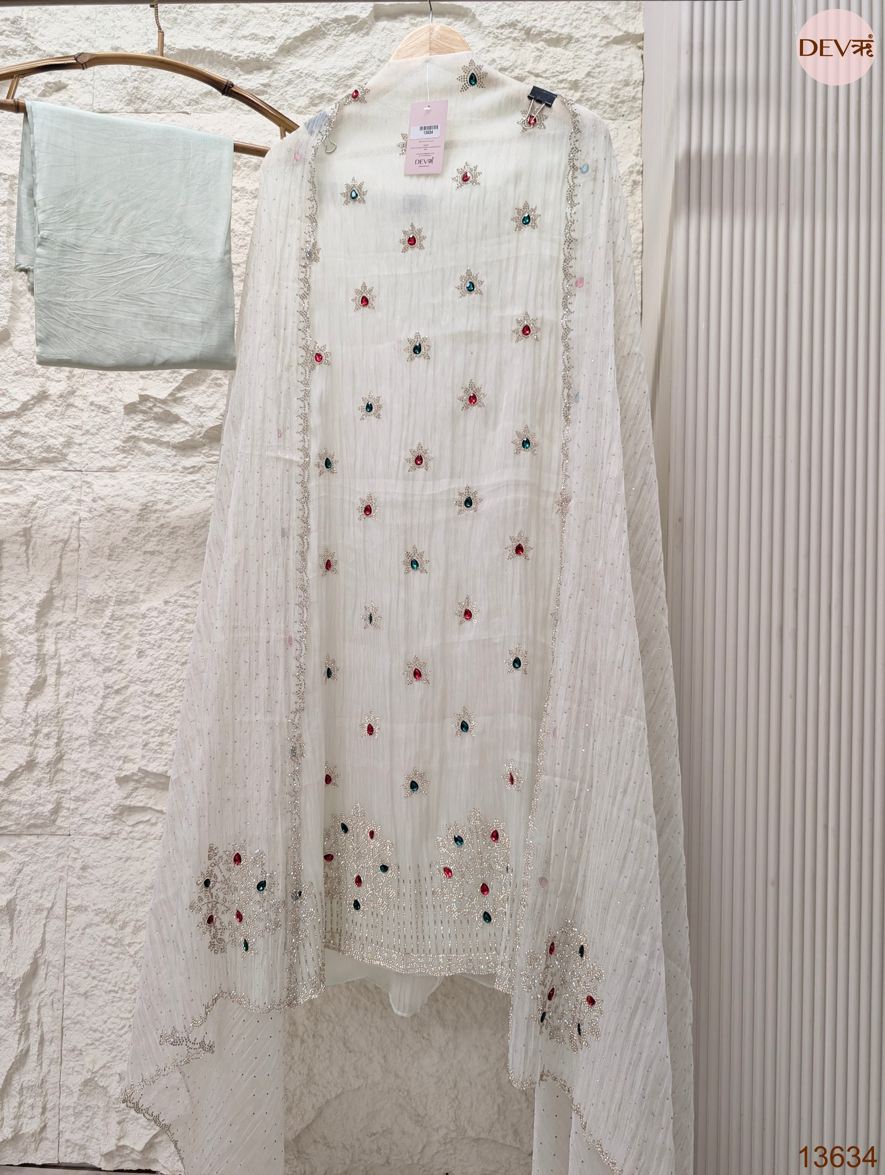 Off White Pure Organza Silk Embroidered Unstitched 3-Piece Suit (Devri – D.No 13634)