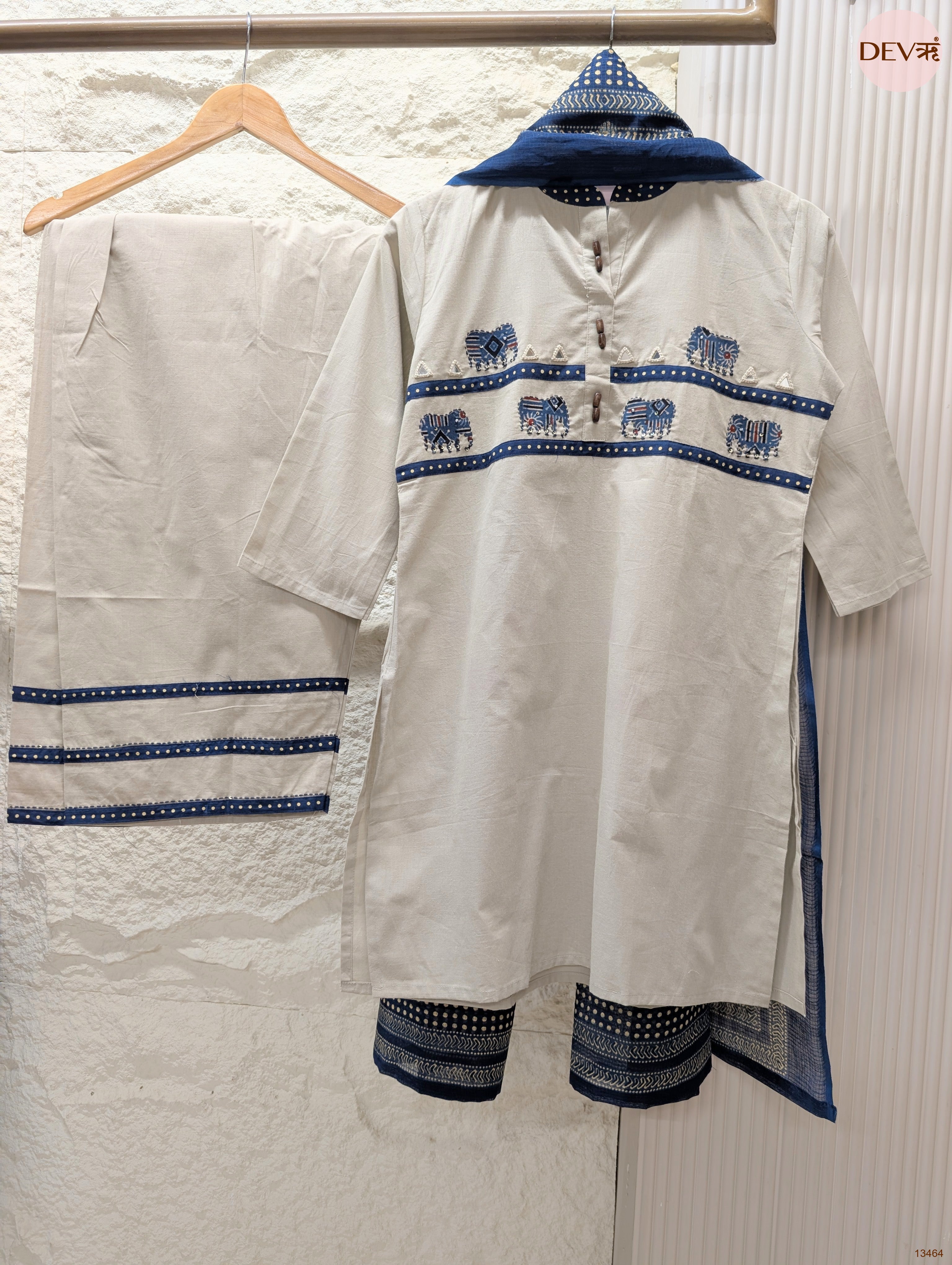 Neelambari Pure Cotton Embroidered Off White 3-Piece Set (Devri – D.No 13464)