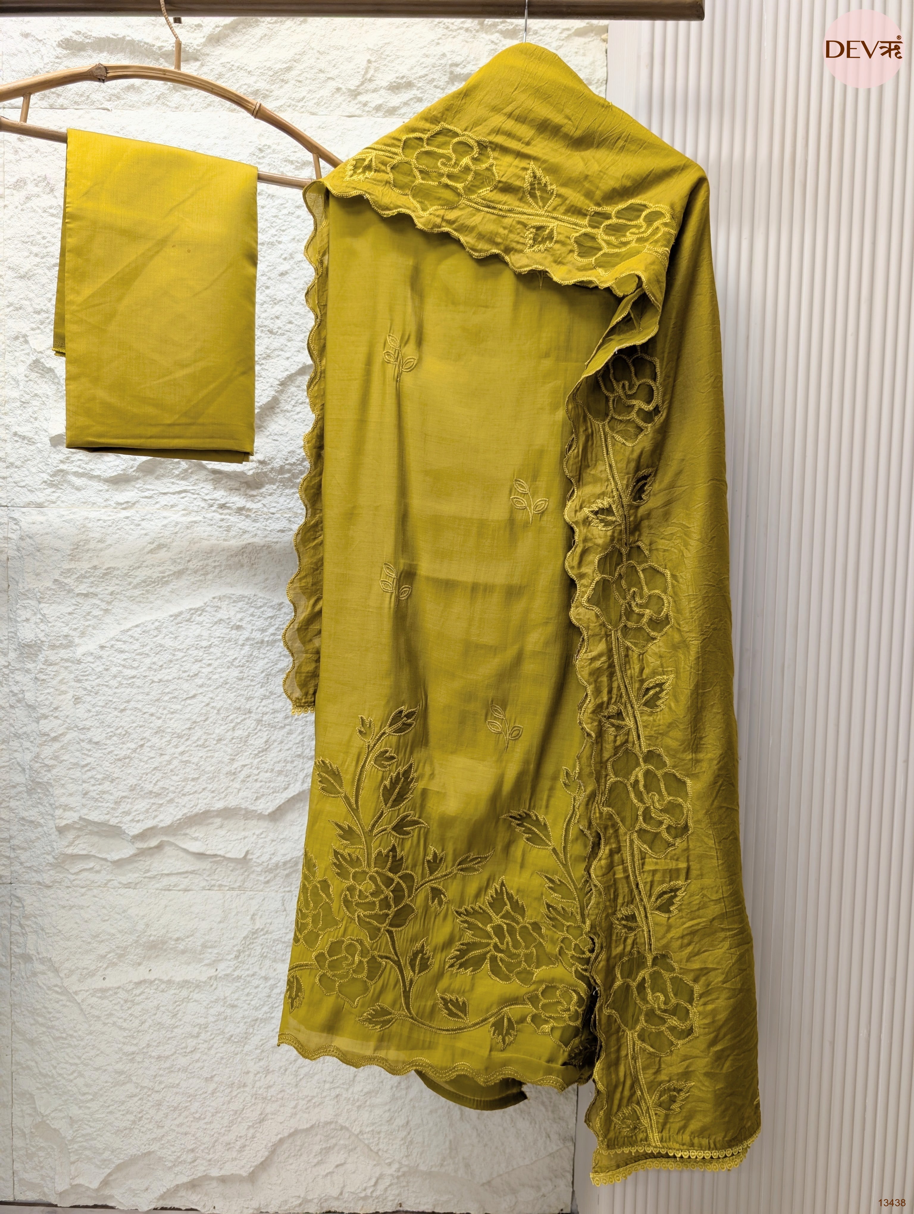 Olive Mul Chanderi Embroidered Unstitched 3-Piece Suit (Devri – D.No 13438)