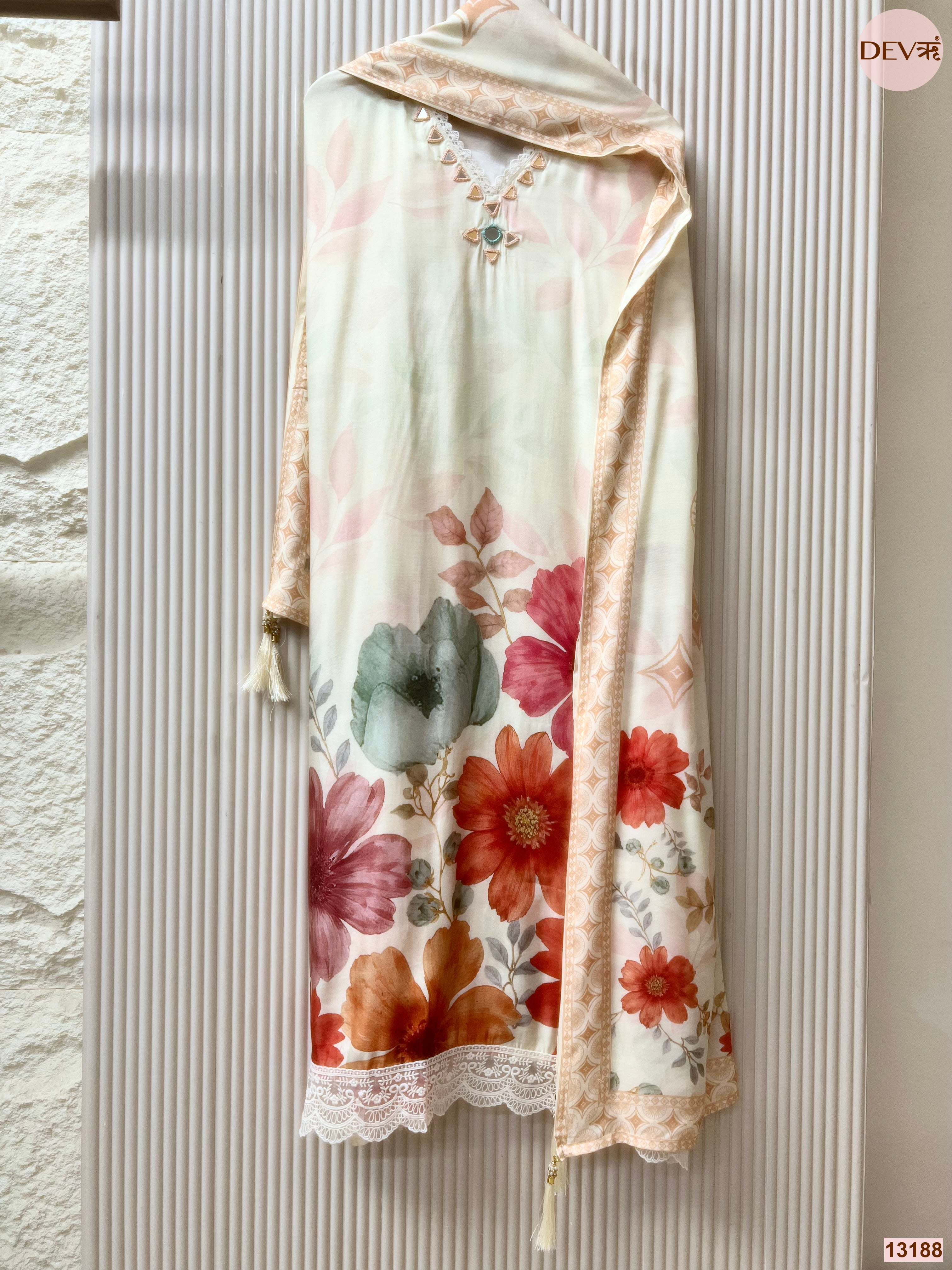 Cream Muslin Printed Unstitched 3-Piece Suit (Devri – D.No 13188)