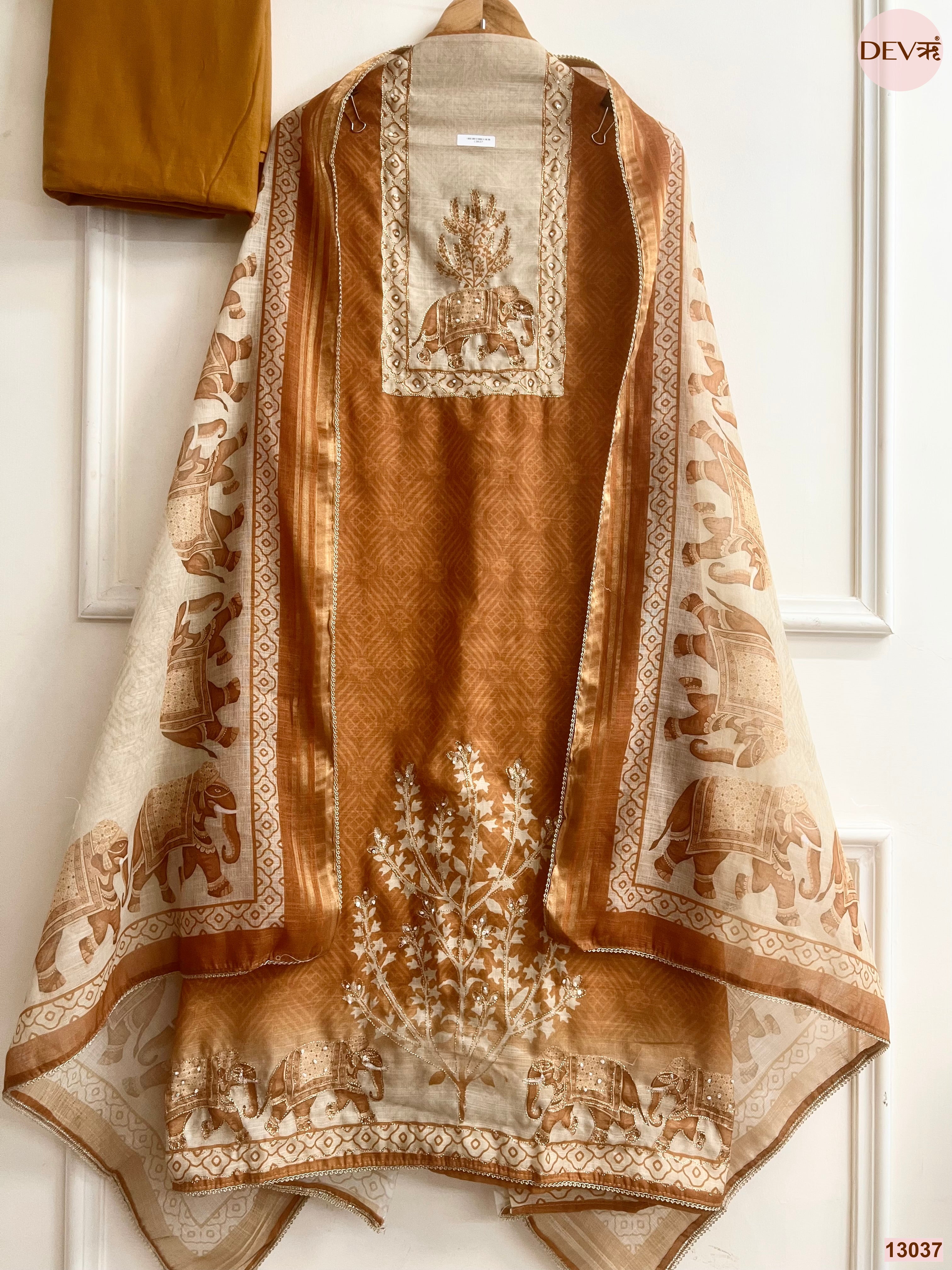 Mustard Linen Cotton Printed Unstitched 3-Piece Suit (Devri – D.No 13037)
