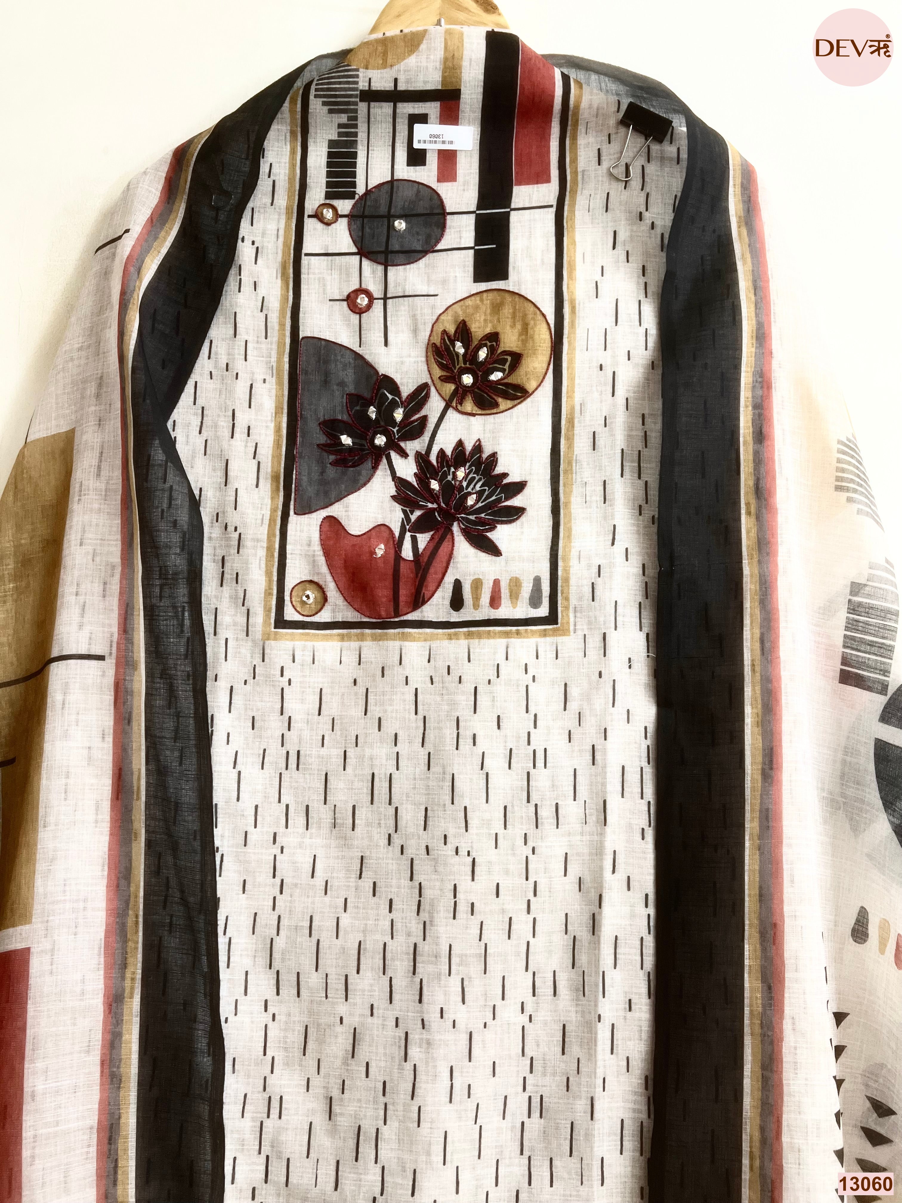 Beige Linen Cotton Printed Unstitched 3-Piece Suit (Devri – D.No 13060)