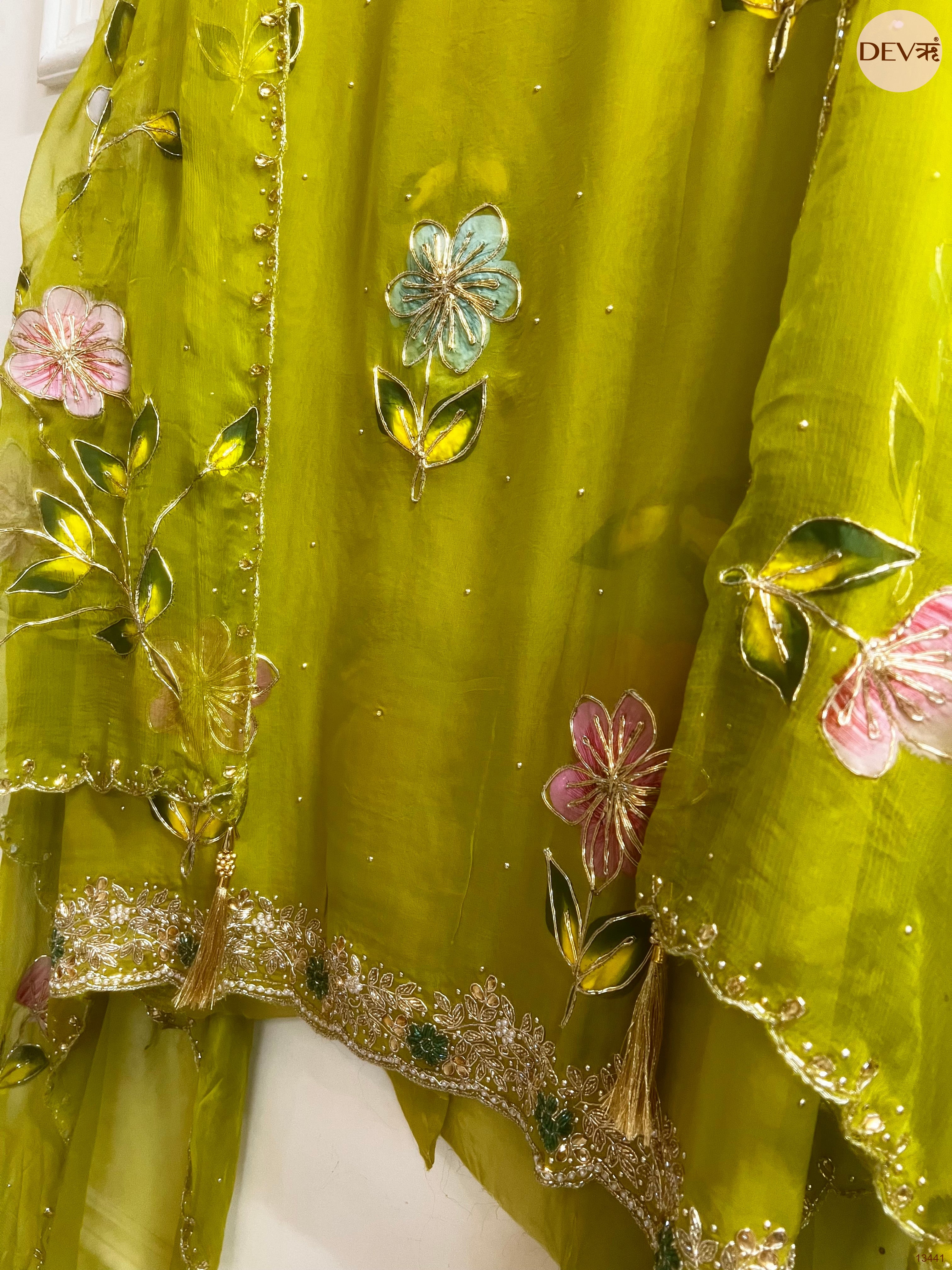 Olive viscose organza Embroidered Unstitched 3-Piece Suit (Devri – D.No 13441)