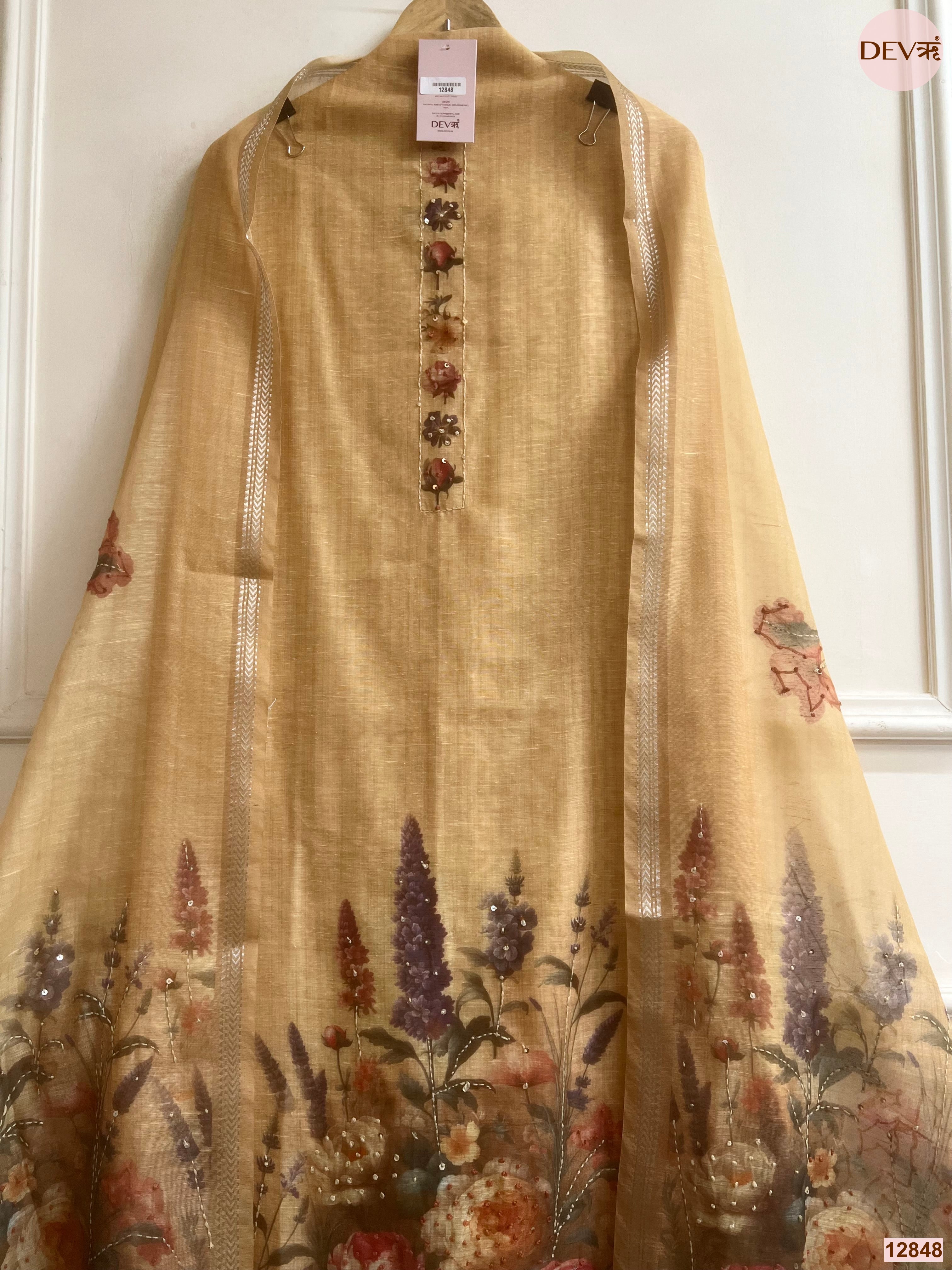 Beige Mul Chanderi Printed Unstitched 3-Piece Suit (Devri – D.No 12848)