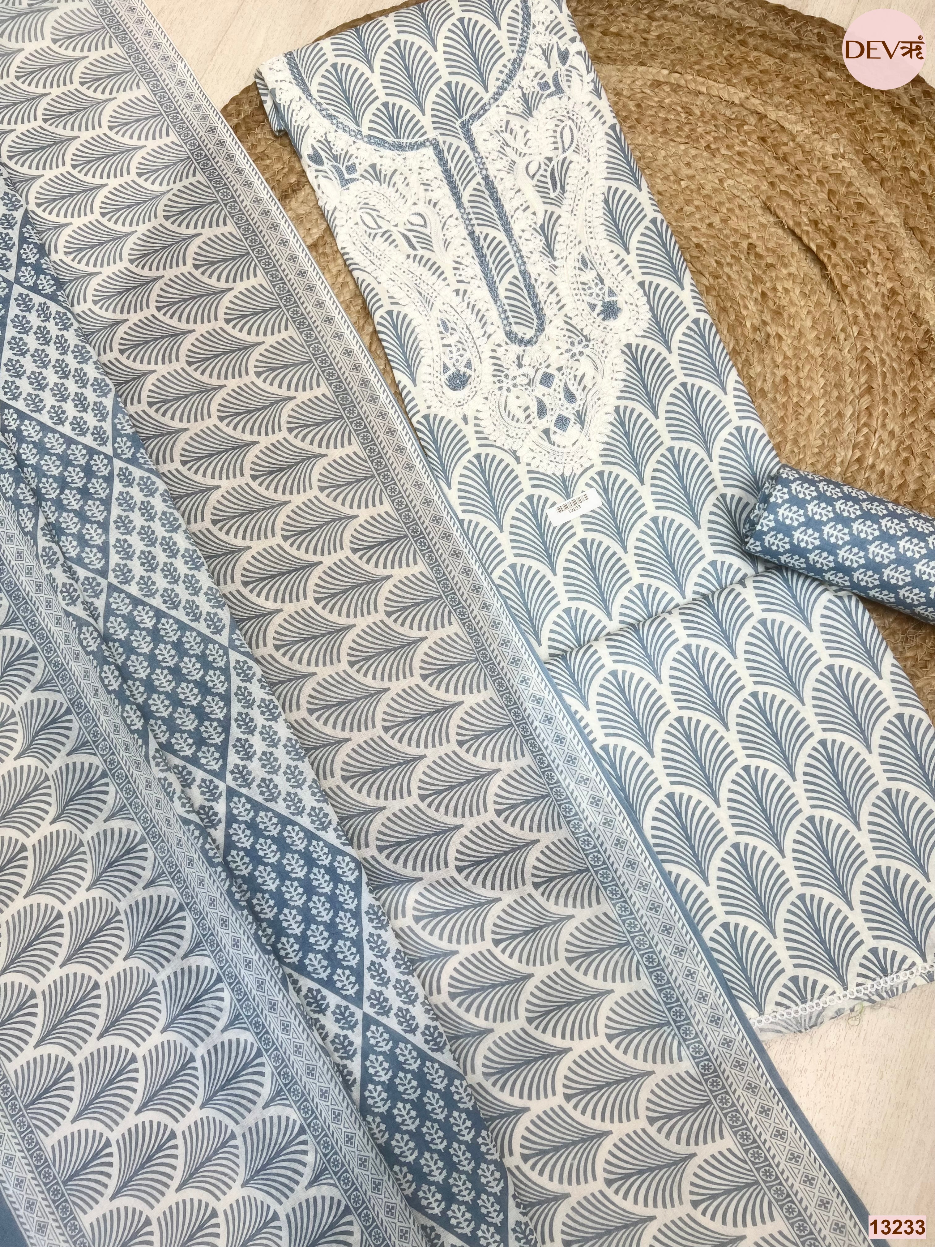 Blue Cotton Printed Unstitched 3-Piece Suit (Devri – D.No 13233)