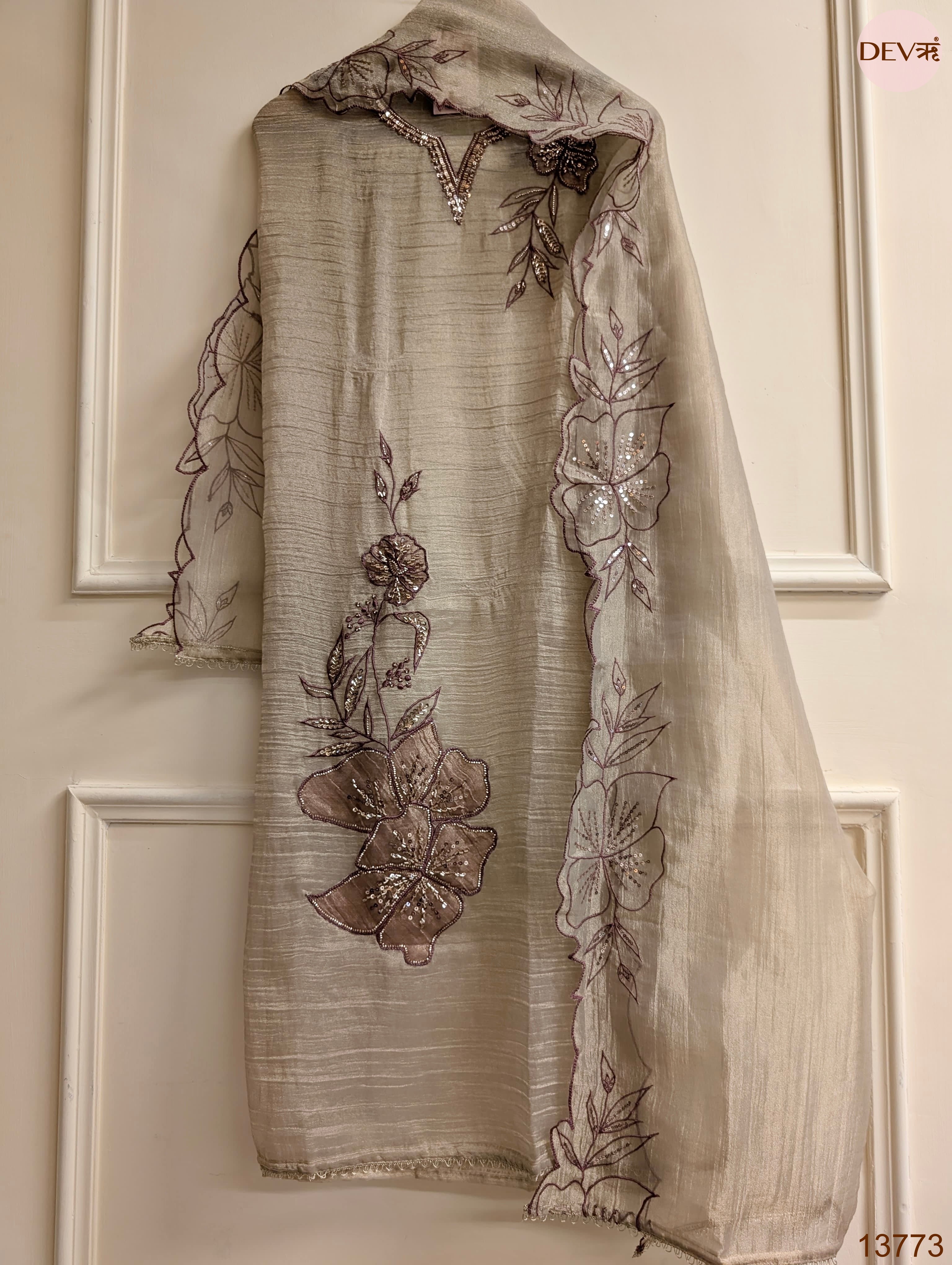 Grey Crush Tissue Silk Embroidered Unstitched 3-Piece Suit (Devri – D.No 13773)