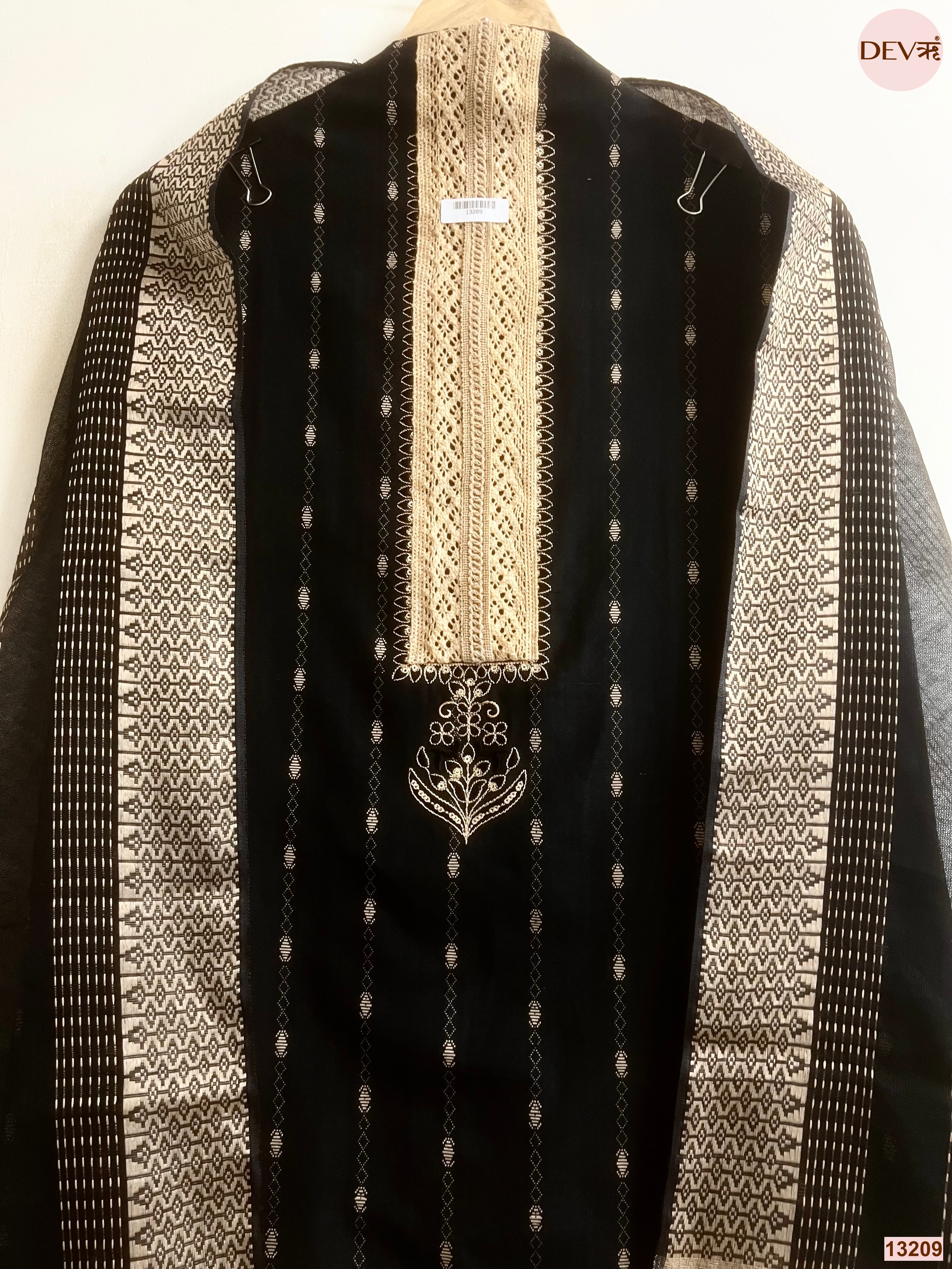 Black Cotton Handloom Printed Unstitched 3-Piece Suit (Devri – D.No 13209)