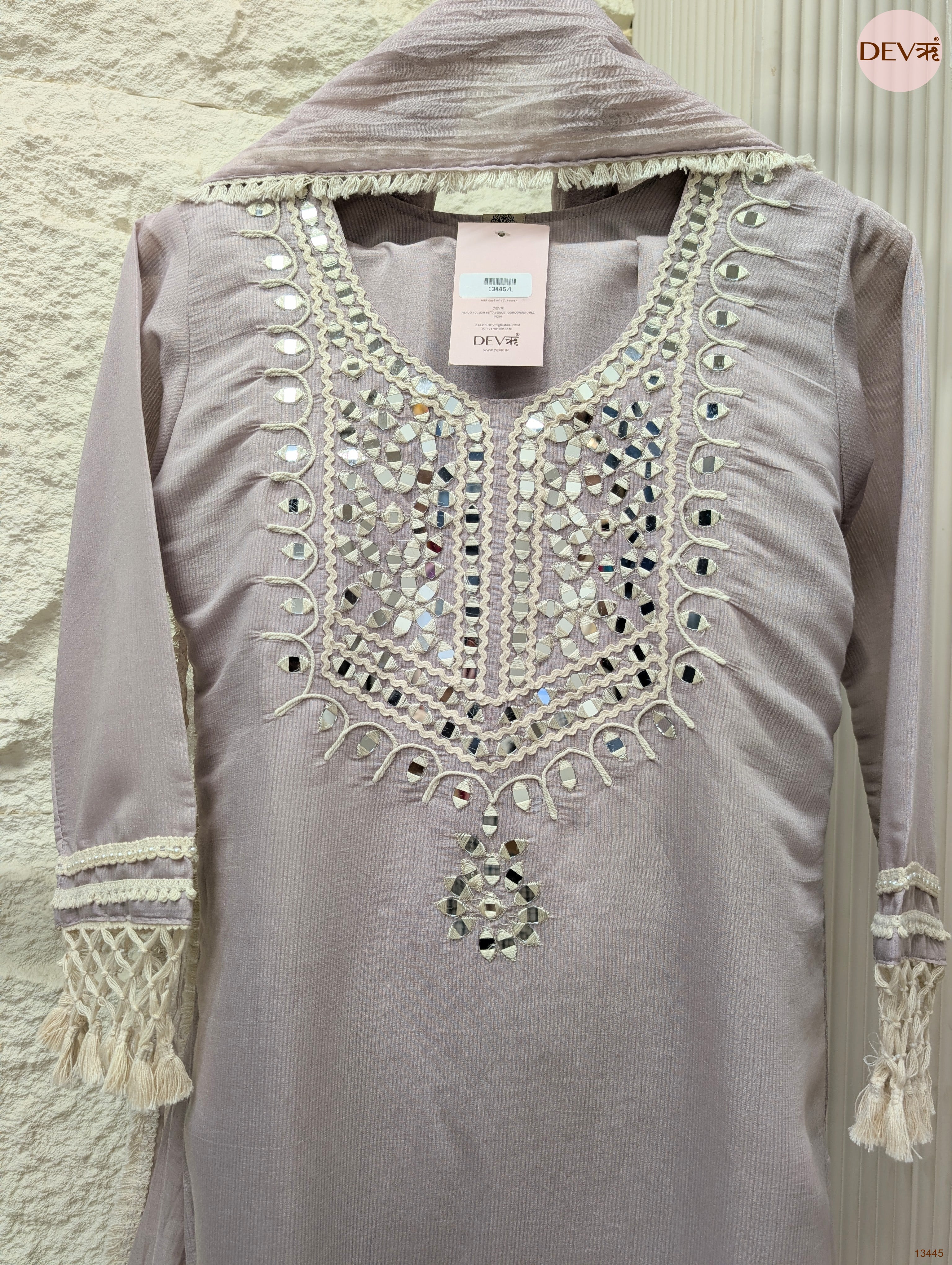 Gulnaar Mul Chanderi Embroidered Lilac 3-Piece Set (Devri – D.No 13445)