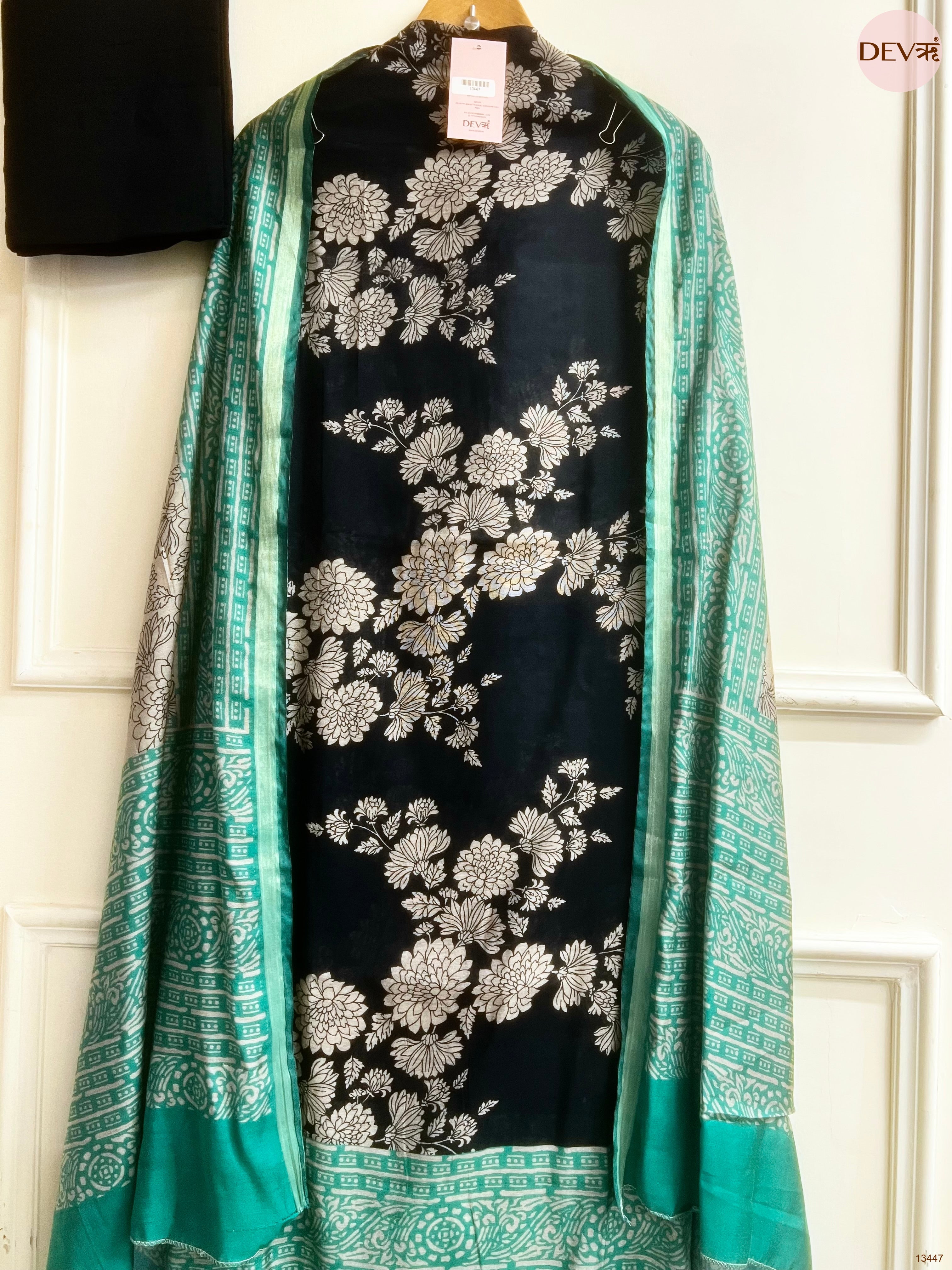 Black Maheshwari Silk Printed Unstitched 3-Piece Suit (Devri – D.No 13447)