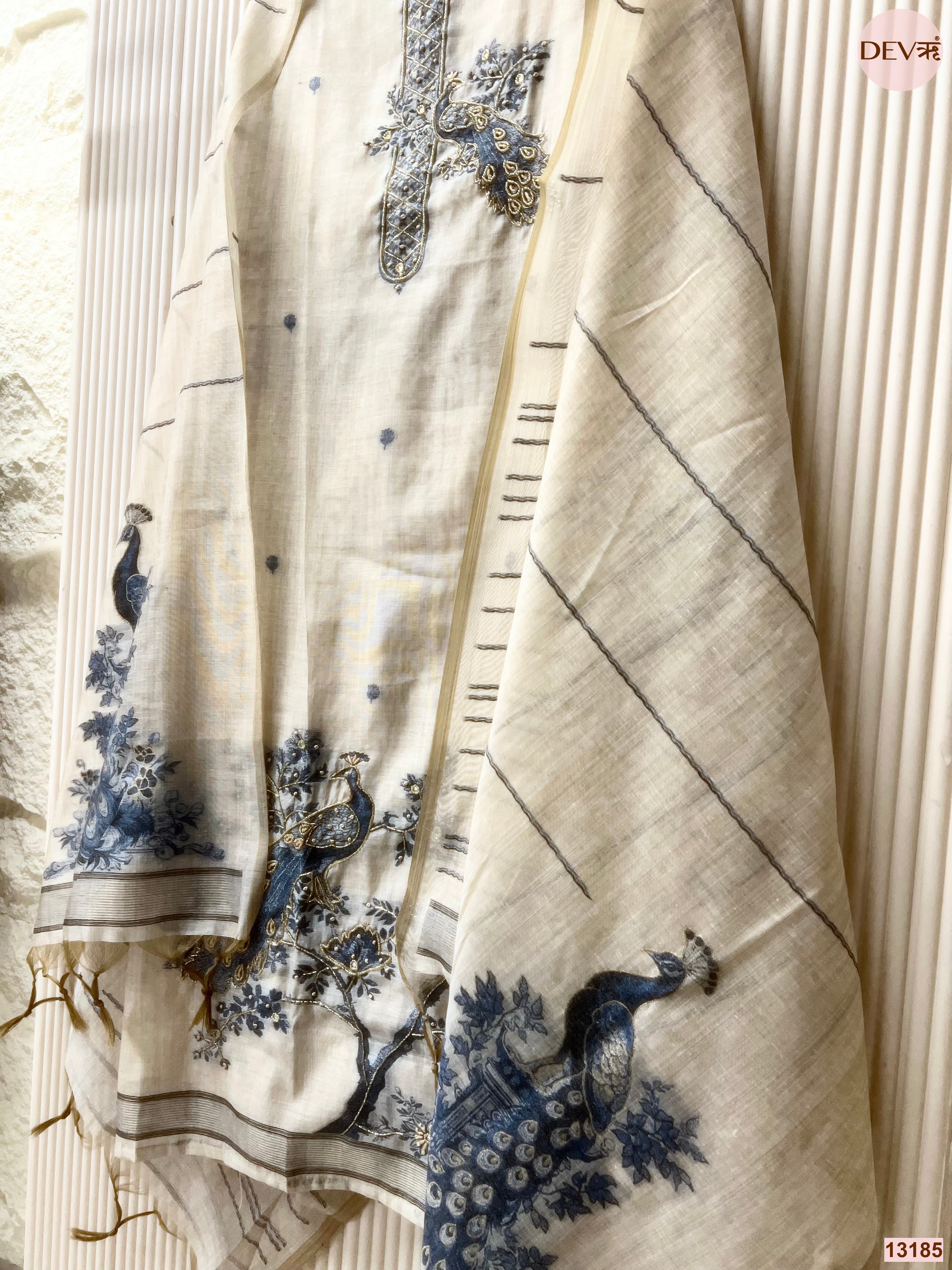Cream Mul Chanderi Printed Unstitched 3-Piece Suit (Devri – D.No 13185)