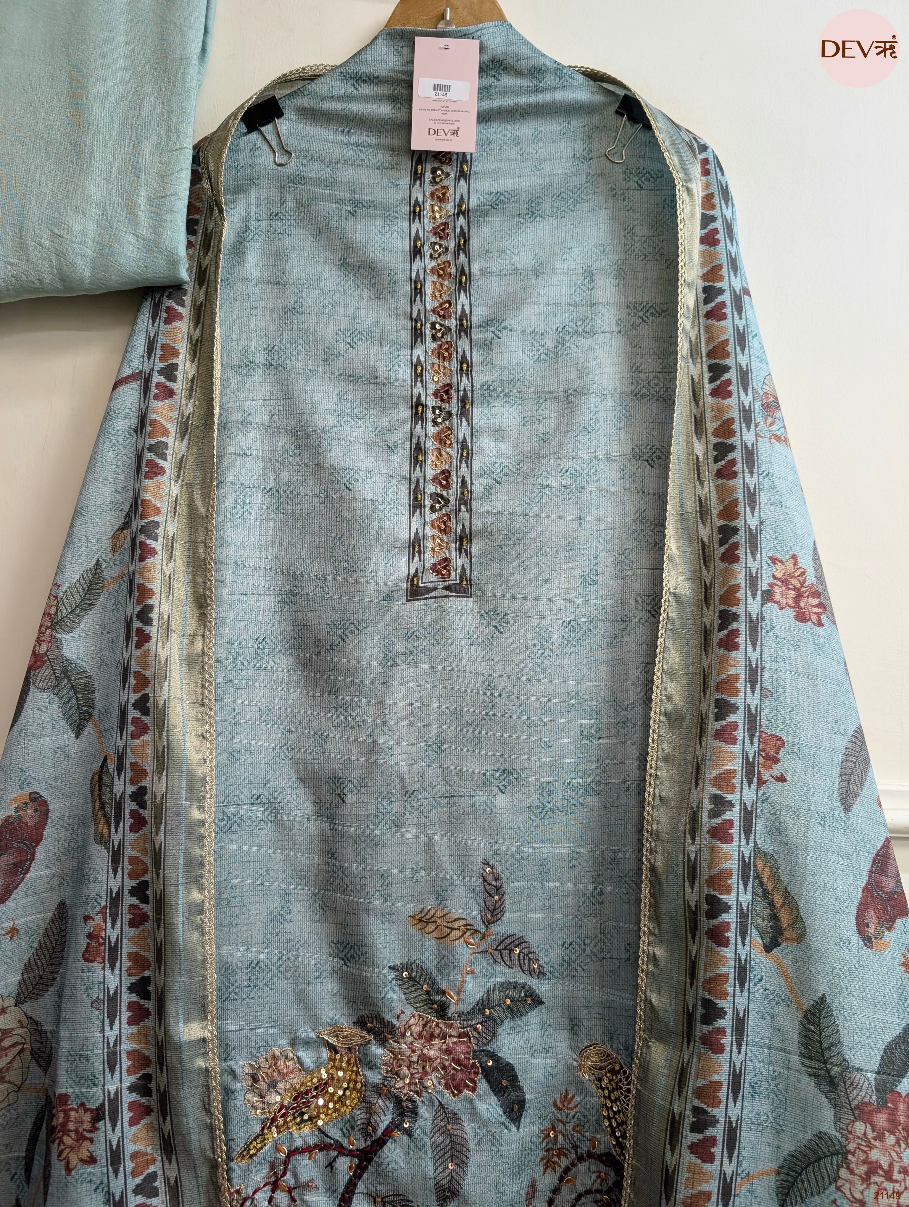 Blue Mul Chanderi Silk Printed Unstitched 3-Piece Suit (Devri – D.No 21149)