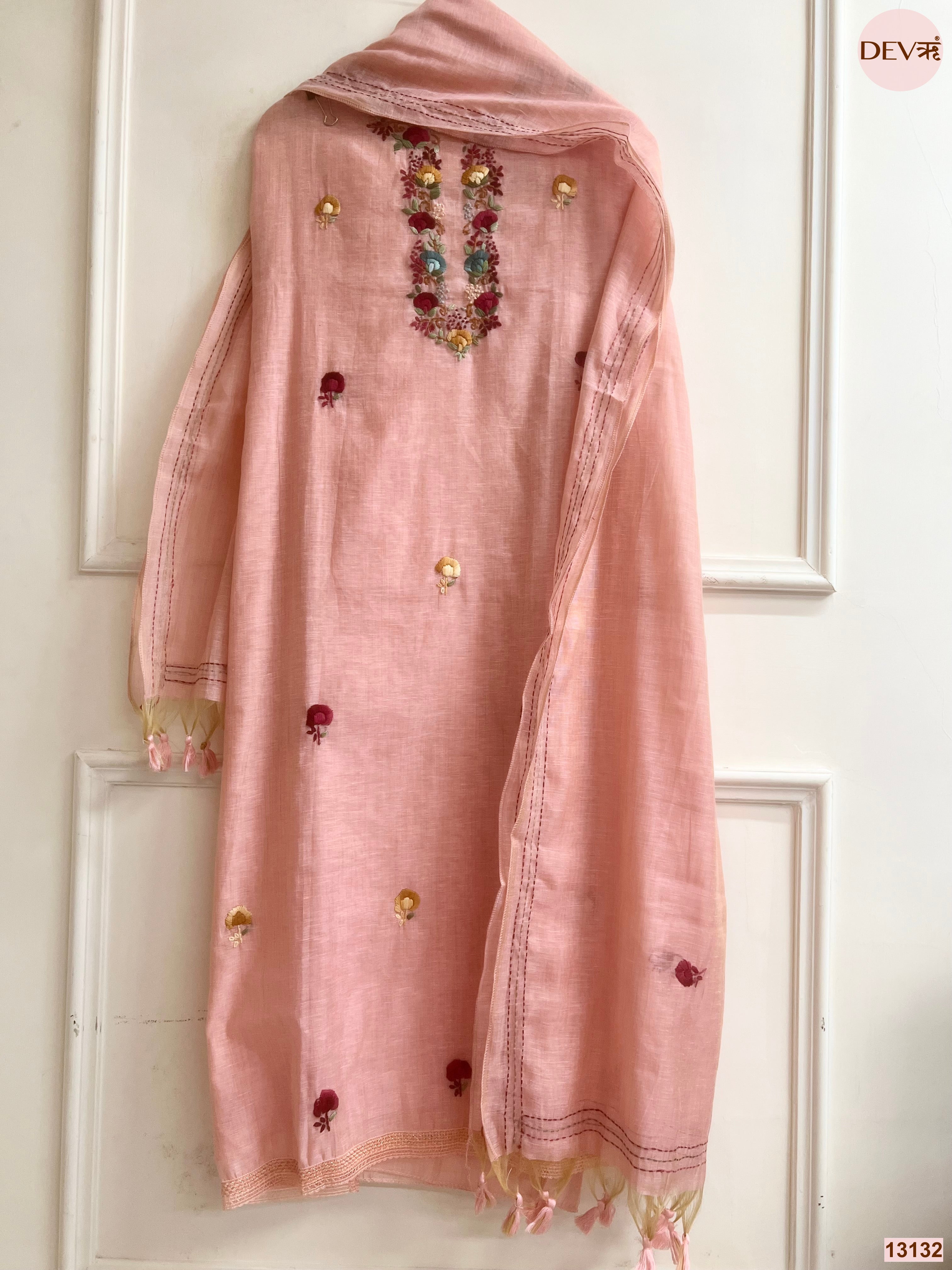 Peach Jamdani Cotton Embroidered Unstitched 3-Piece Suit (Devri – D.No 13132)