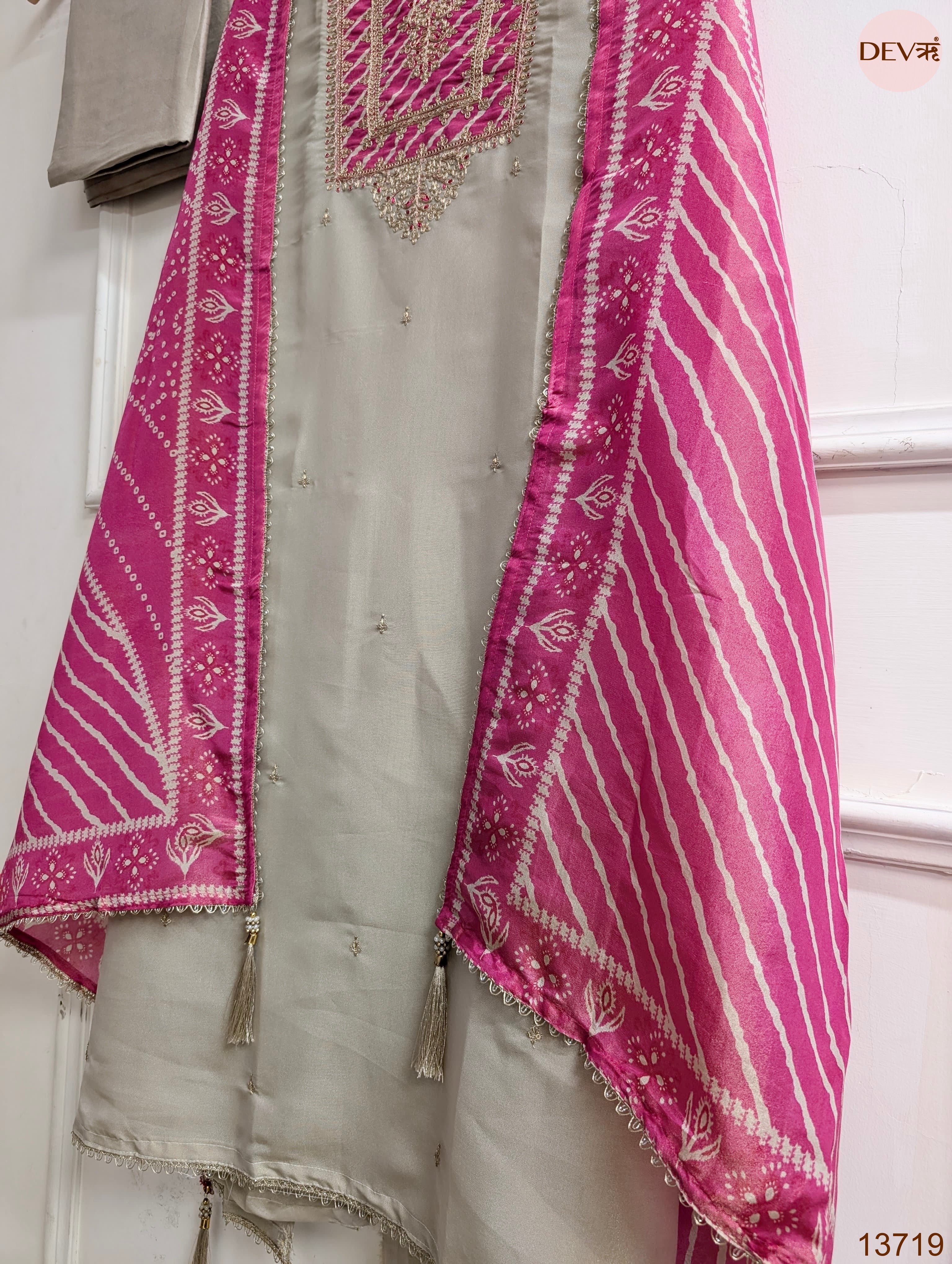 Beige Tissue Silk Embroidered Unstitched 3-Piece Suit (Devri – D.No 13719)