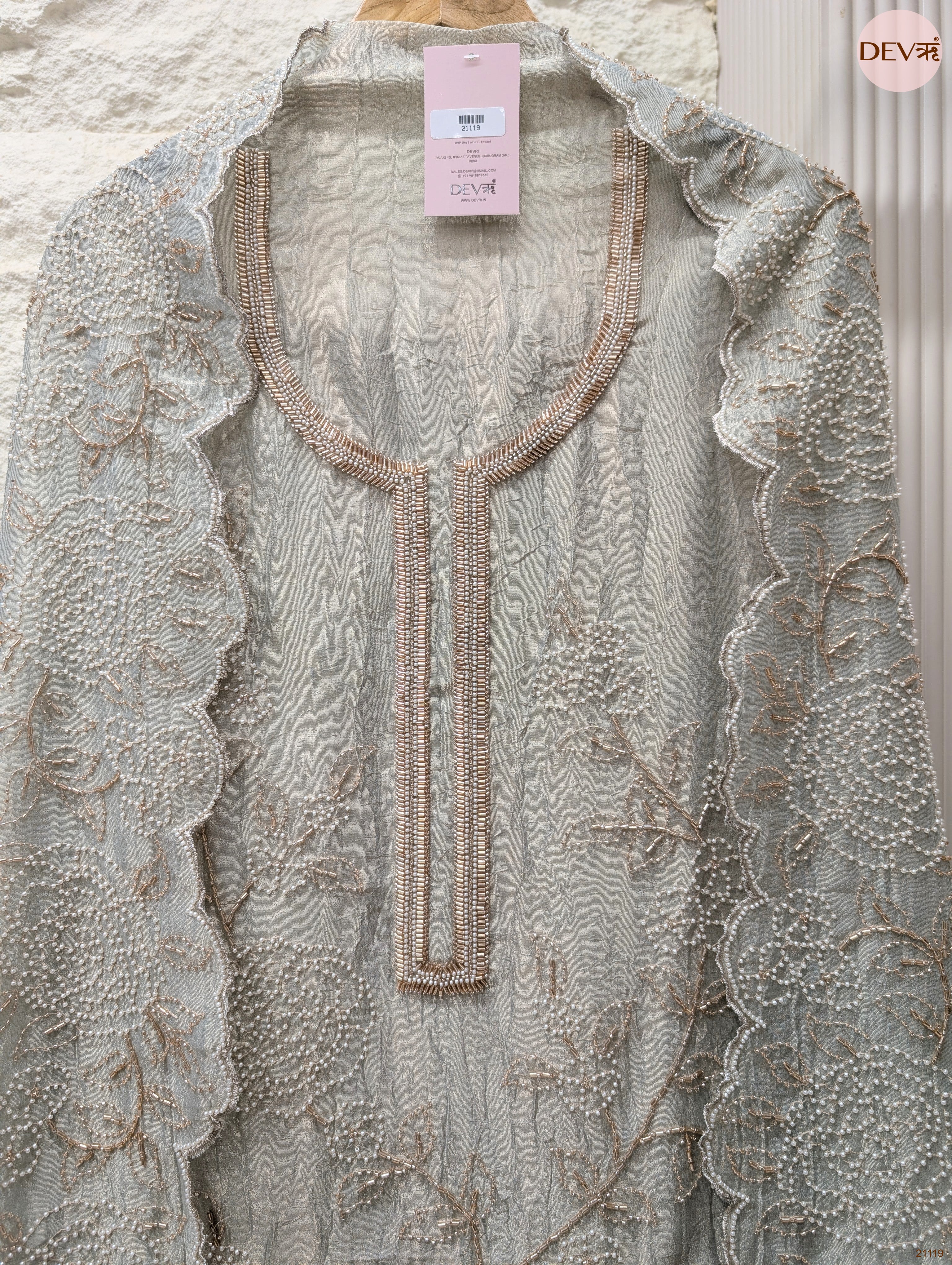 Grey Pure Tissue Crush Silk Embroidered Unstitched 3-Piece Suit (Devri – D.No 21119)