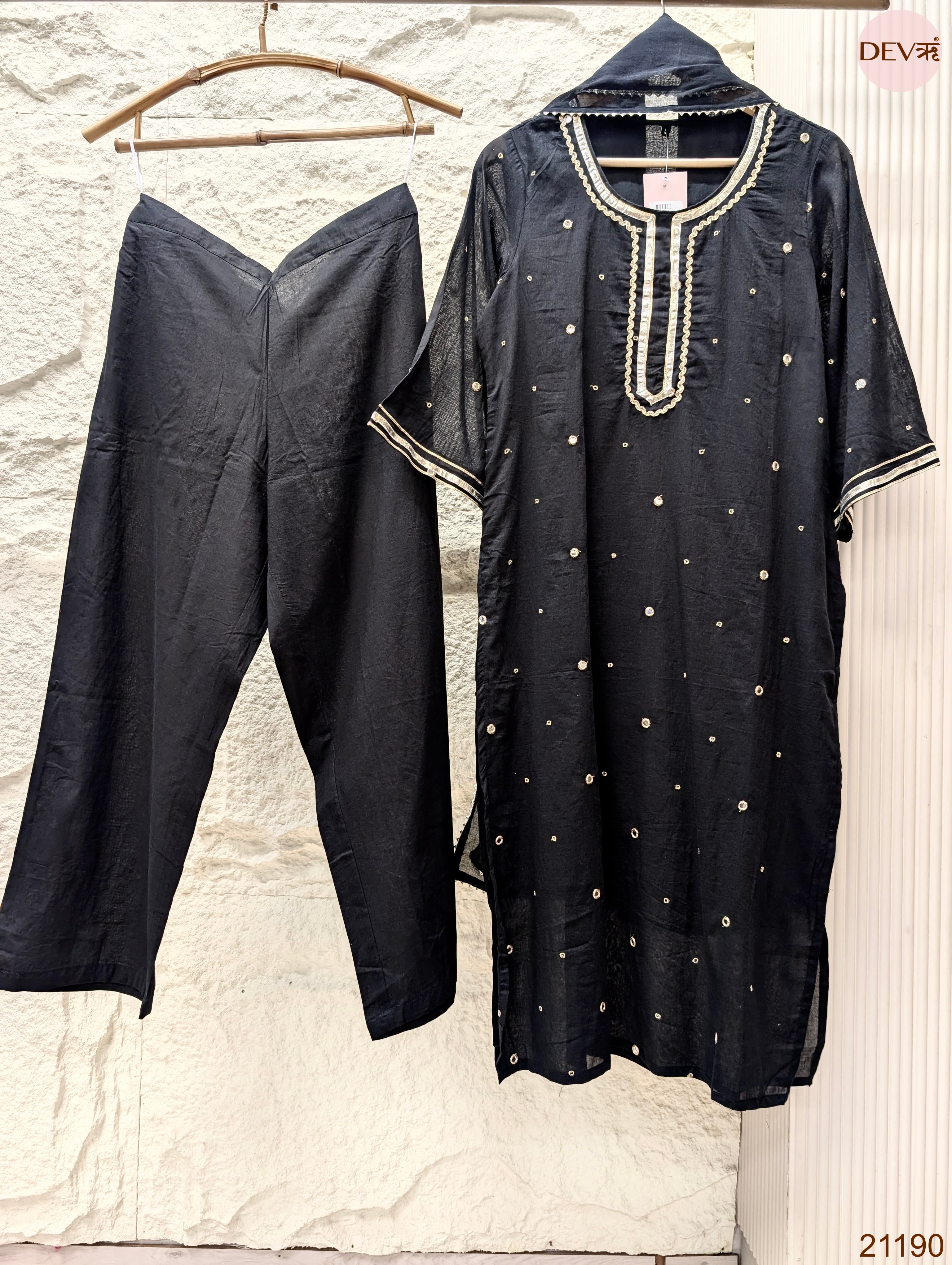 Nayantara Pure mul cotton Embroidered Black 3-Piece Set (Devri – D.No 21190)