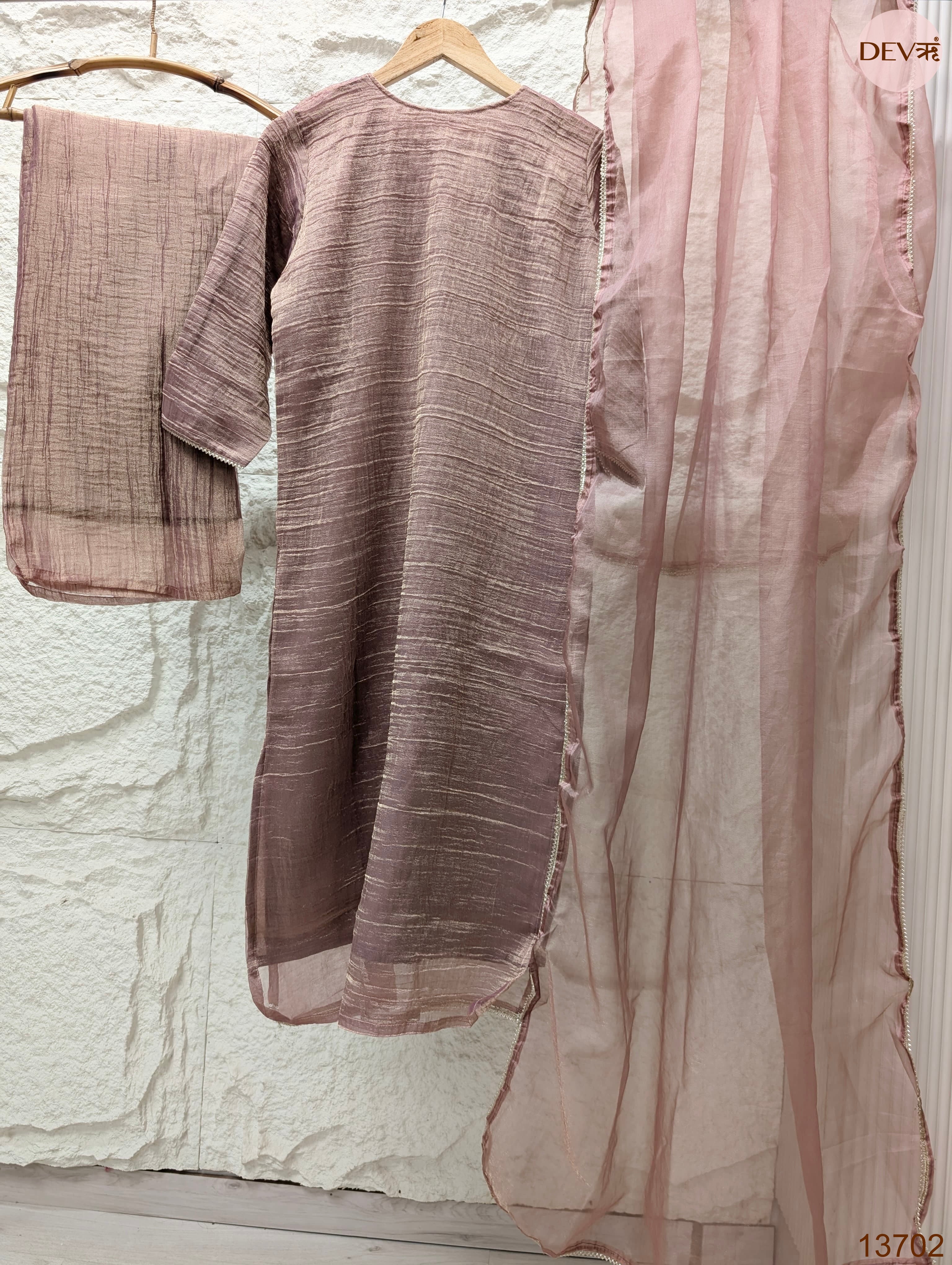 Gulnaar Tissue silk Embroidered Mauve 3-Piece Set (Devri – D.No 13702)
