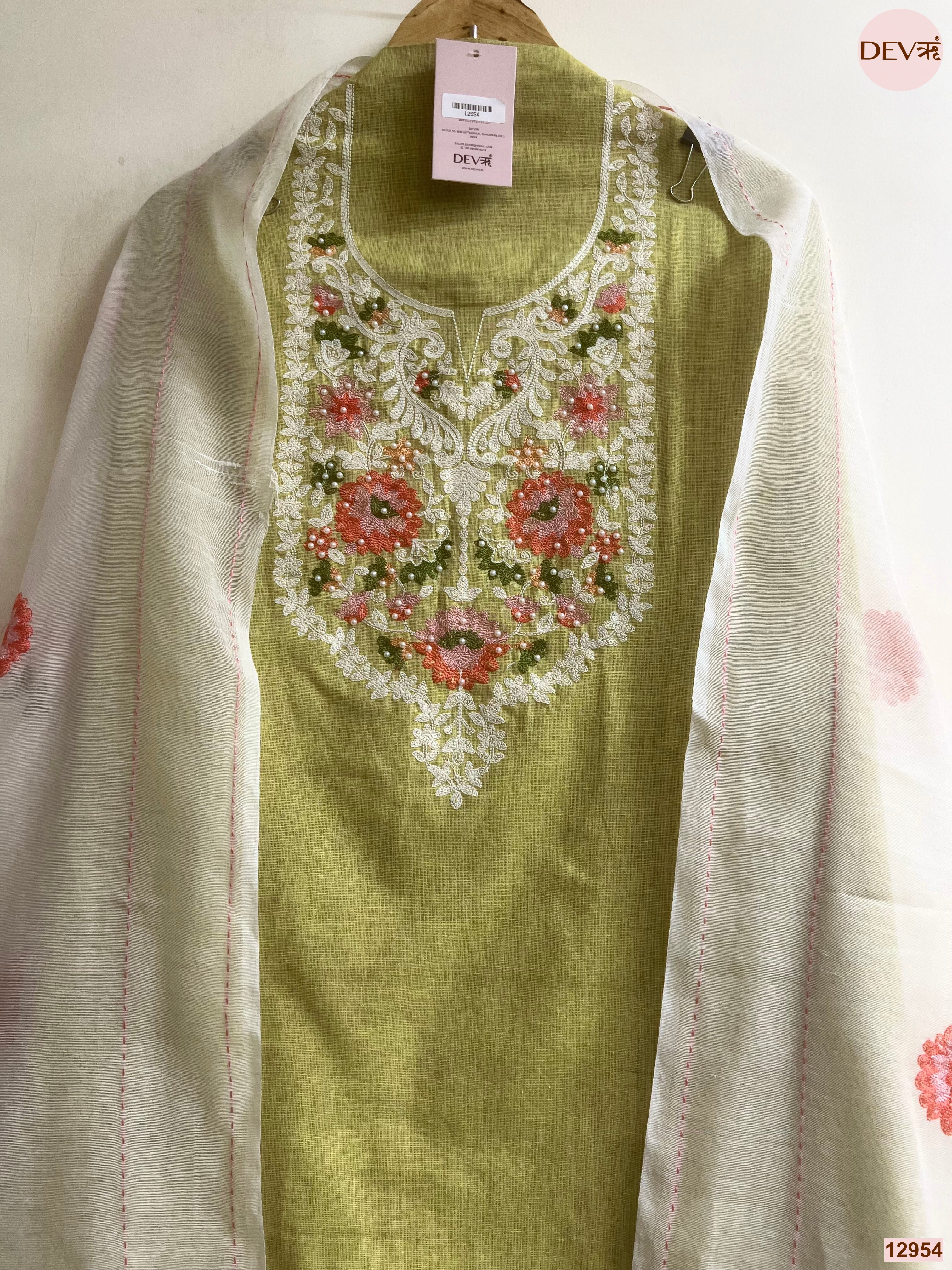 Olive Cotton Handloom Embroidered Unstitched 3-Piece Suit (Devri – D.No 12954)