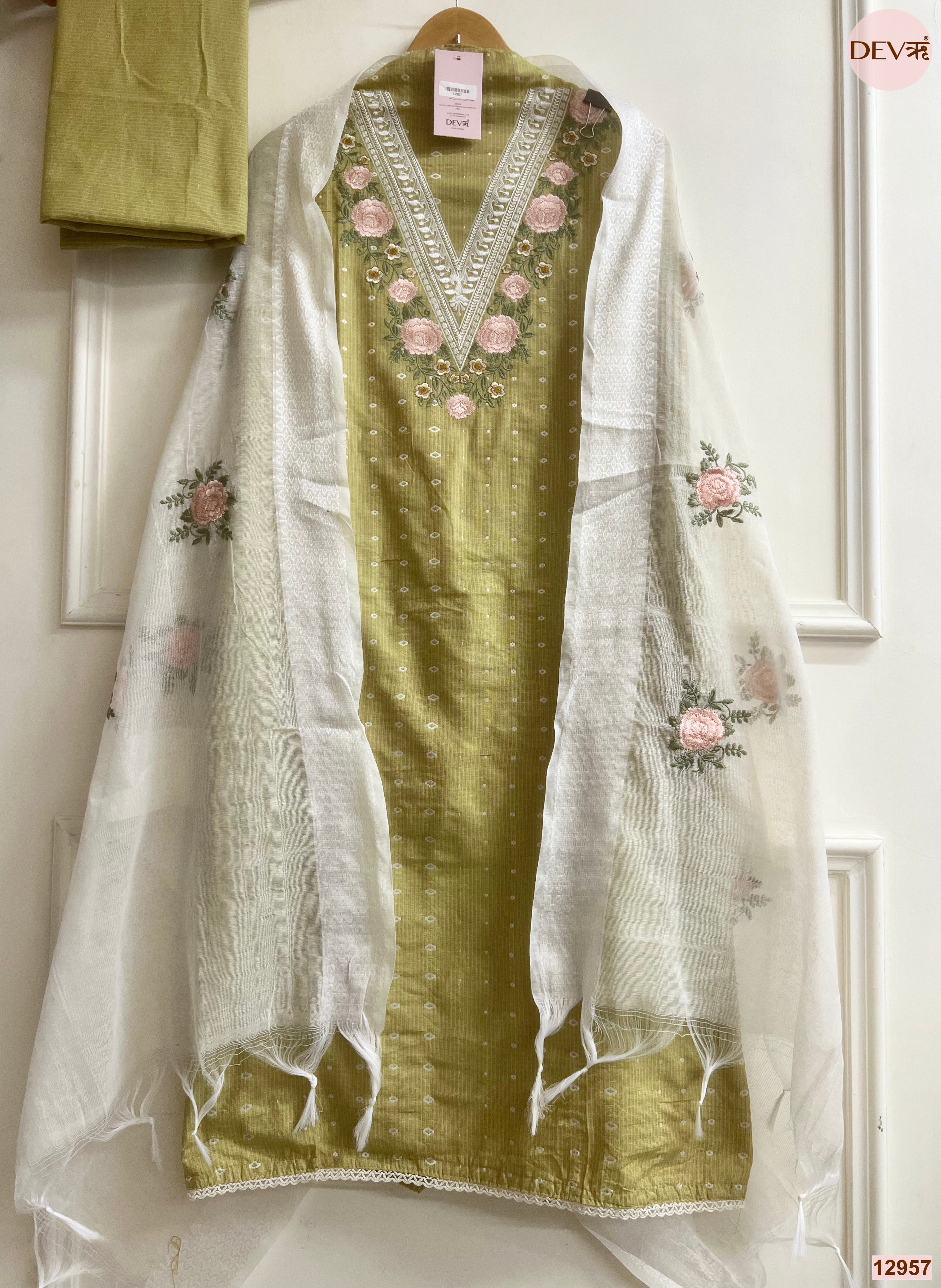 Olive Cotton Handloom Embroidered Unstitched 3-Piece Suit (Devri – D.No 12957)