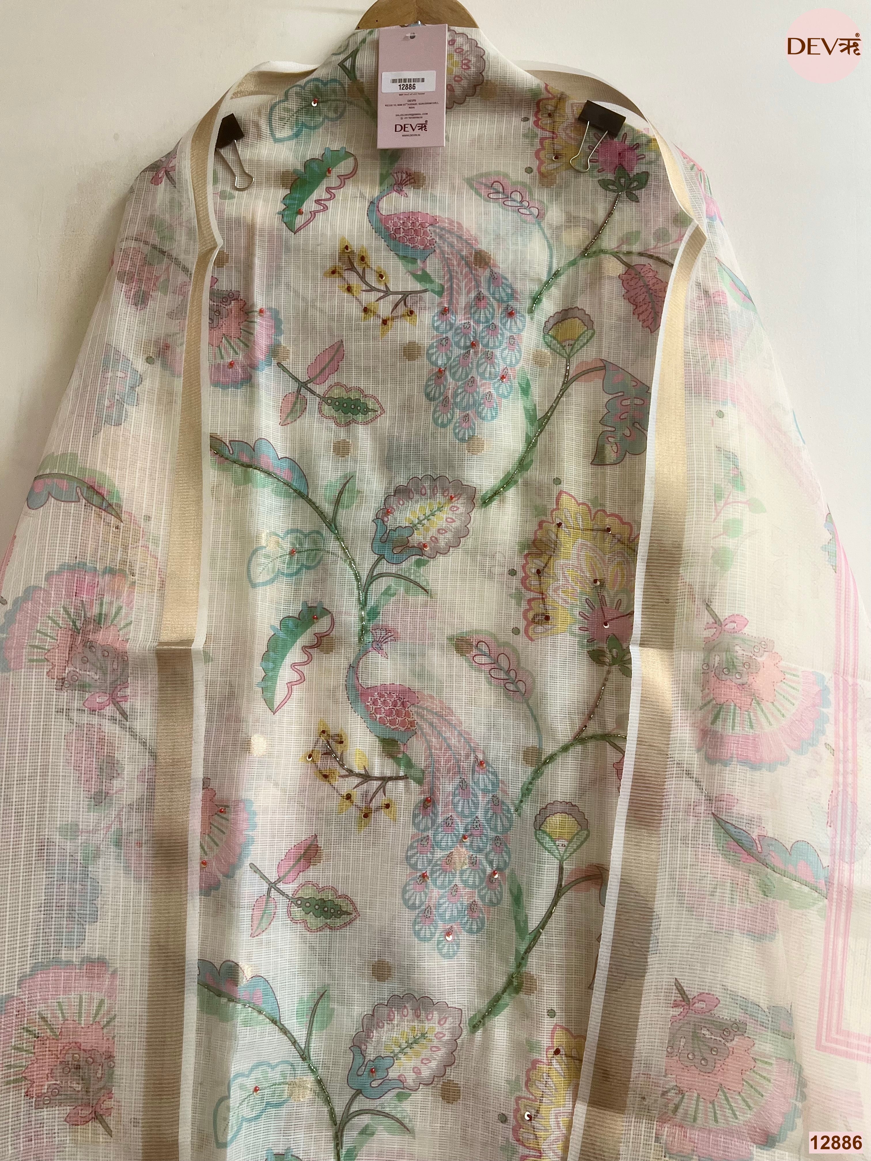 Cream Kota Printed Unstitched 3-Piece Suit (Devri – D.No 12886)