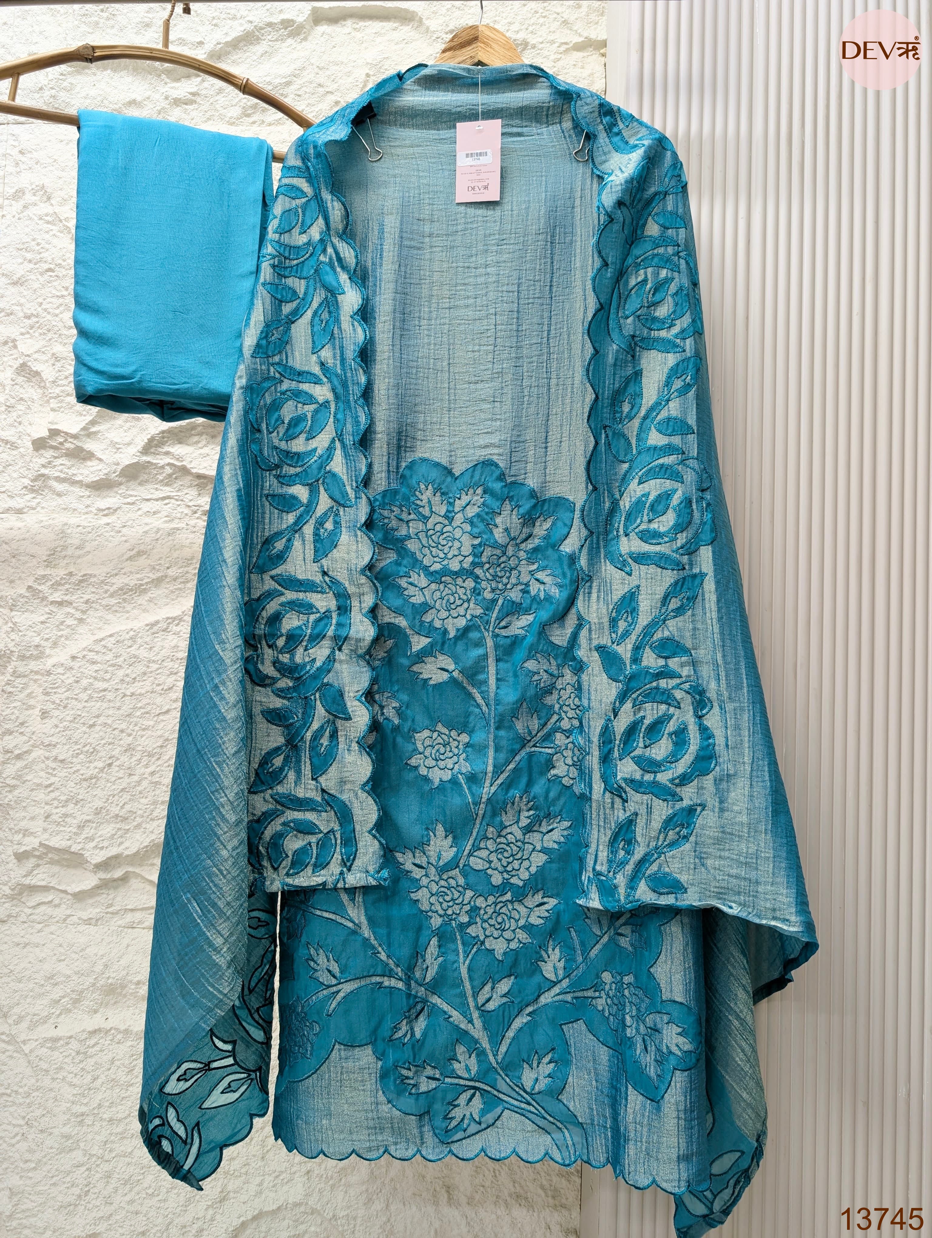 Blue Tissue Crush Silk Embroidered Unstitched 3-Piece Suit (Devri – D.No 13745)