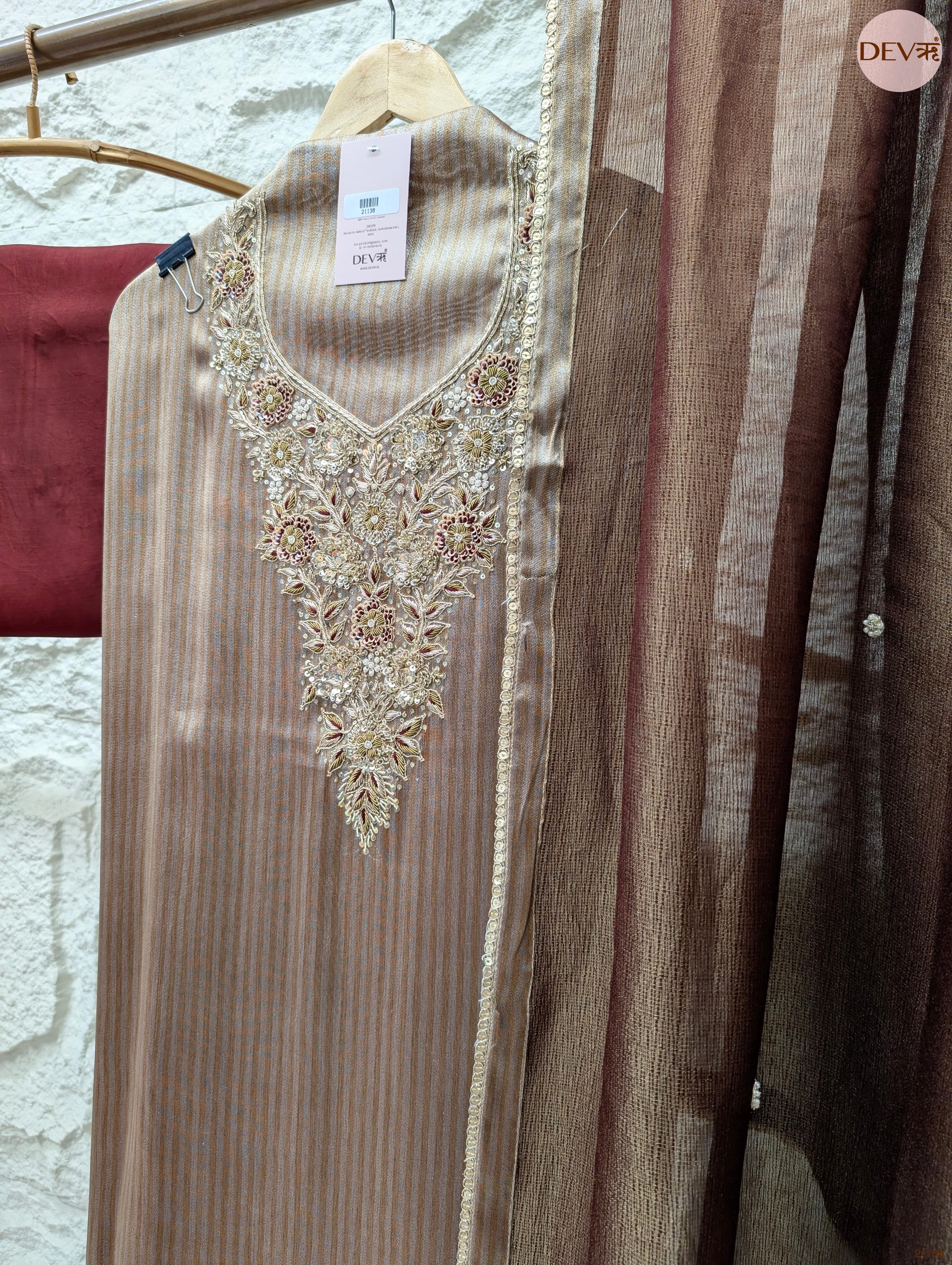 Brown Pure Tissue Silk Embroidered Unstitched 3-Piece Suit (Devri – D.No 21138)