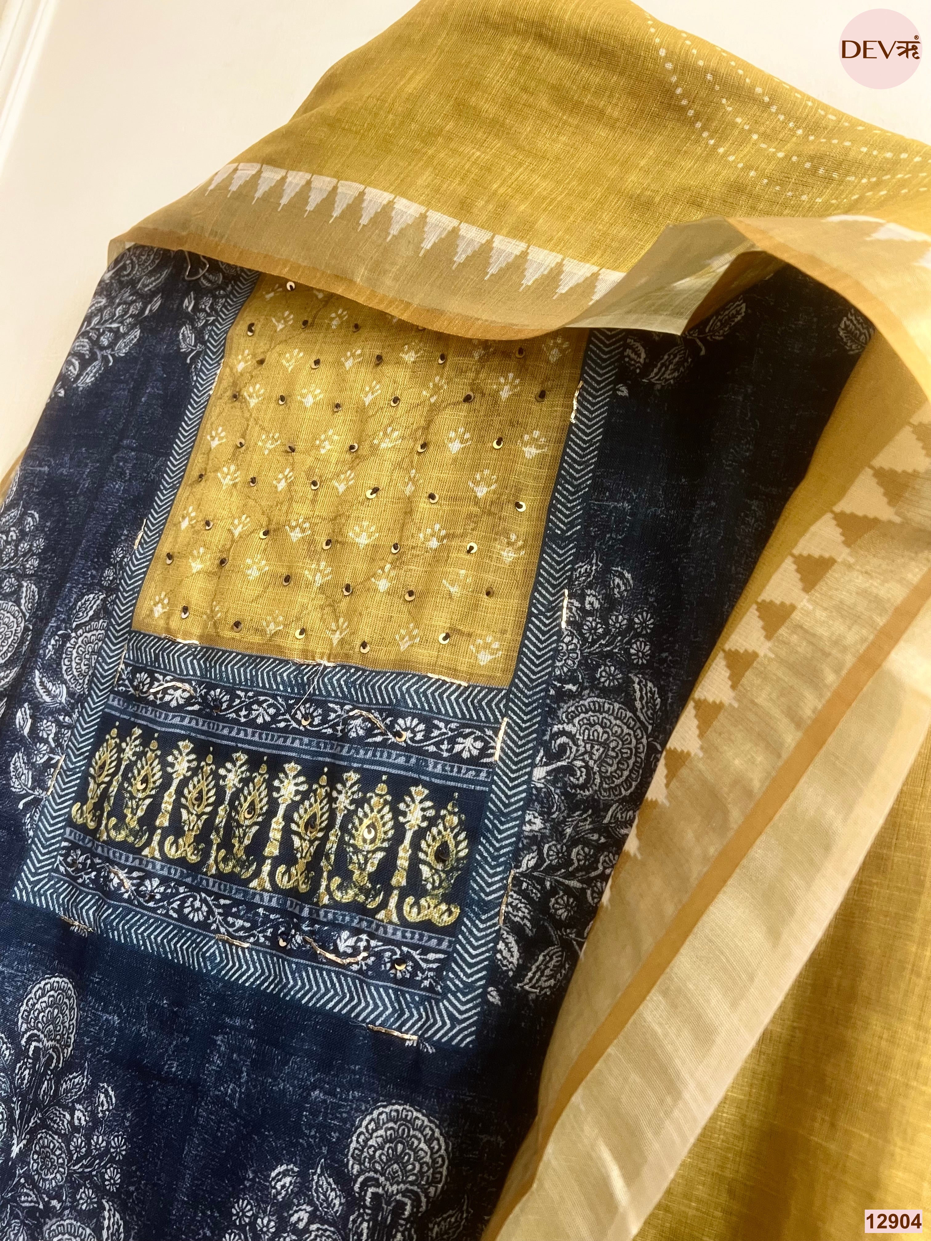 Mustard Linen Cotton Printed Unstitched 3-Piece Suit (Devri – D.No 12904)