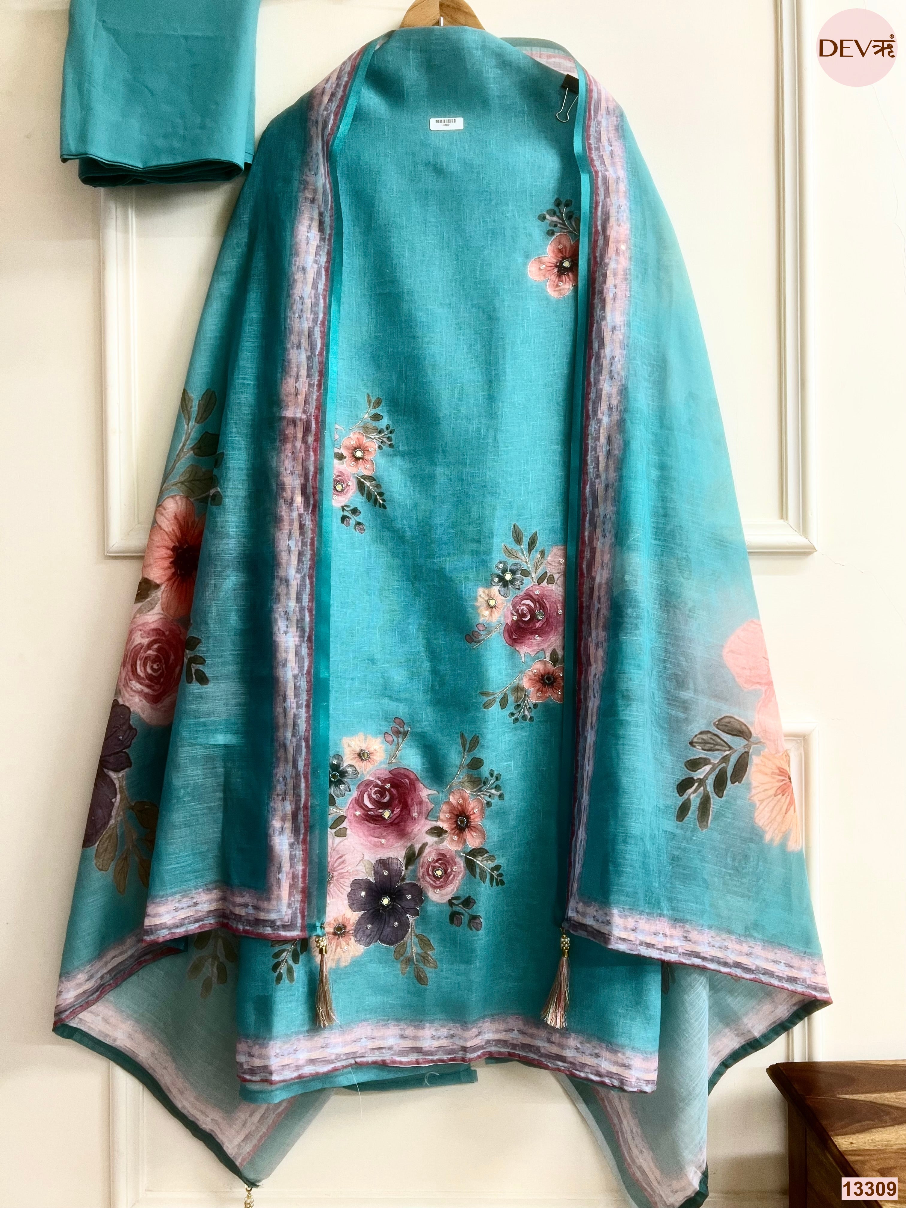 Teal Linen Cotton Printed Unstitched 3-Piece Suit (Devri – D.No 13309)