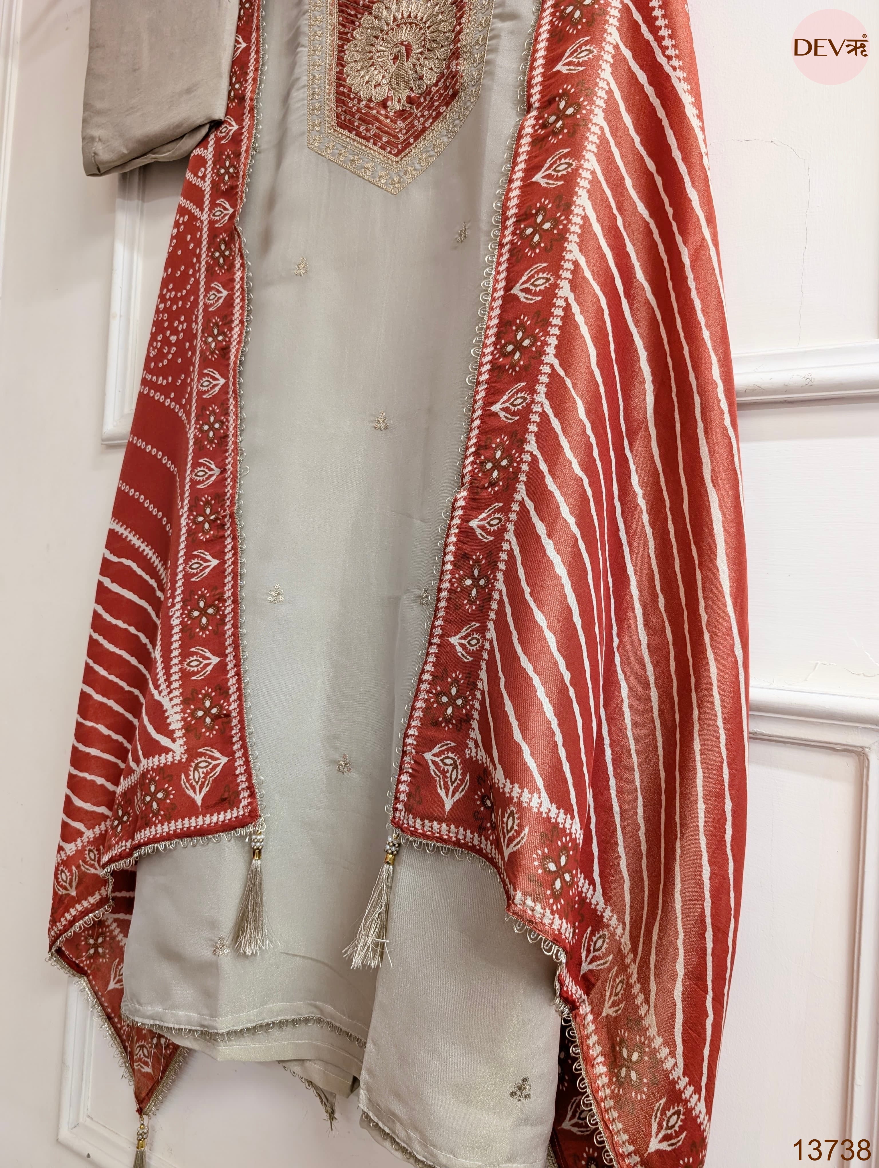 Beige Tissue Silk Embroidered Unstitched 3-Piece Suit (Devri – D.No 13738)